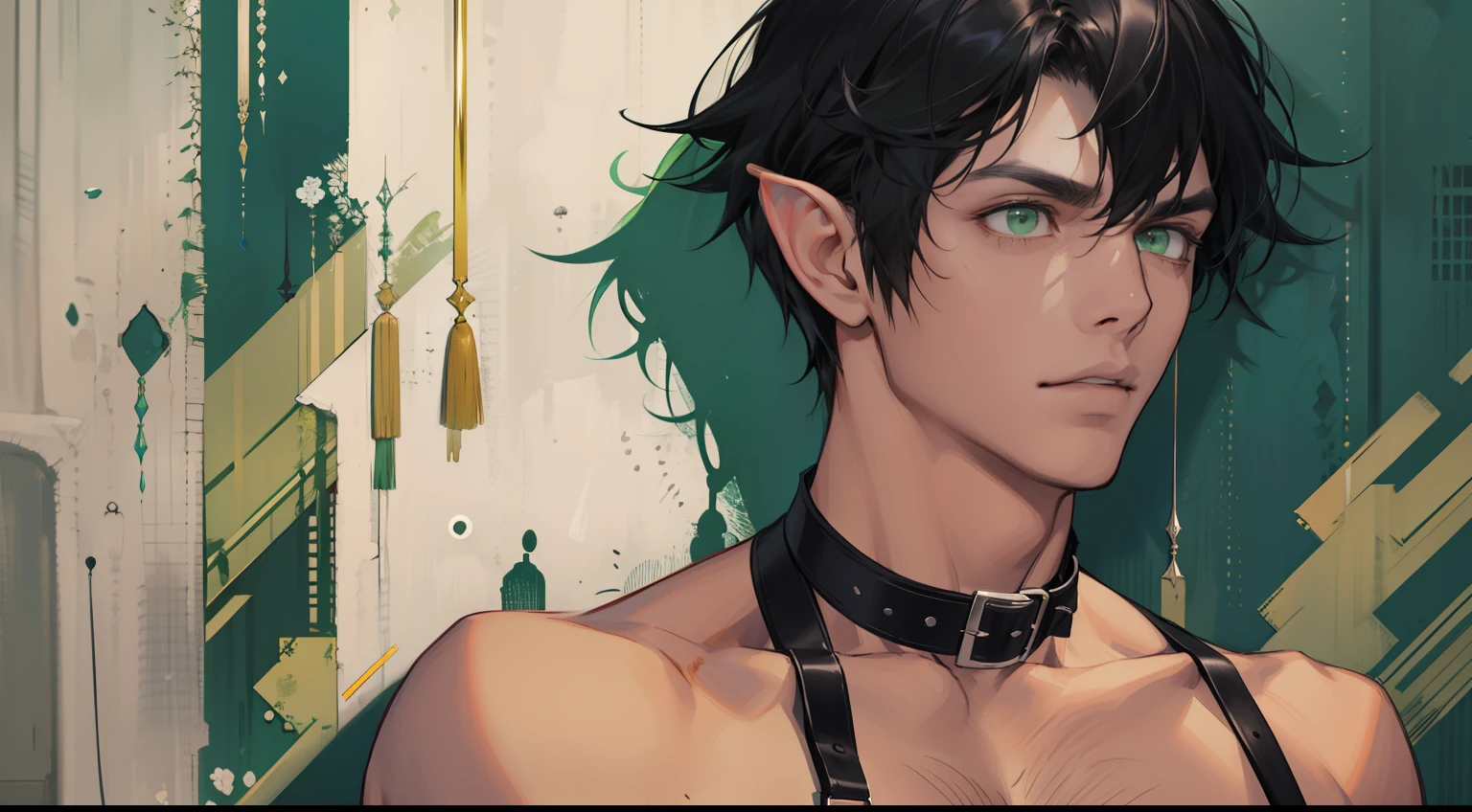 (absurdres, highres, ultra detailed), 1 male, elf adult, handsome, tall slender guy, narrow eyes, narrow shoulders, finely detailed eyes and detailed face, messy shaggy black hair, side bangs, bangs, green eyes, sexy twink, shirtless, final fantasy 14, dog collar, full body shot, backside, back view, submissive expression, bad boy