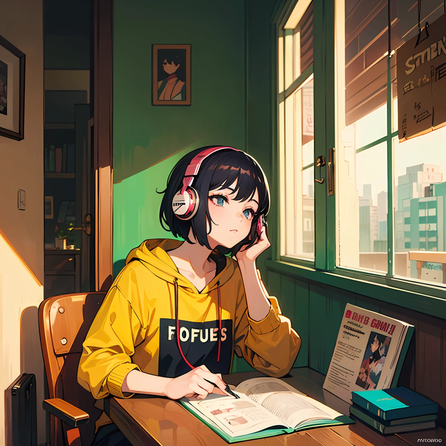 anime character sitting at a table with headphones a book and a cat, lofi girl, lofi art, lofi art style, lofi feel, lofi portrait, lofi colors, lofi, lo-fi art, lofi vibes, lofi vibe, lofi hip hop, satoshi kon artstyle, lofi girl aesthetic --auto