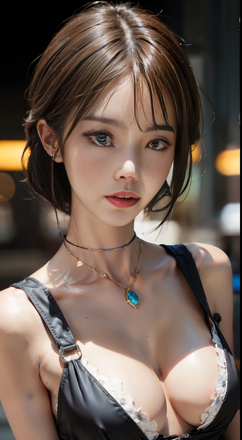 Masterpiece, 1 Beautiful Girl, Detailed Eyes, Swollen Eyes, Top Quality, Ultra High Resolution, (Reality: 1.4), Cinematic Lighting, Japanese, Asian Beauty, Korean, Very Beautiful, Beautiful Skin, Slender, Body Facing Forward, (Ultra Realistic), (High Resolution), (8K), (Very Detailed), ( Best Illustration), (beautifully detailed eyes), (super detailed), (wallpaper), detailed face, bright lighting, professional lighting, looking at viewer, facing straight ahead, outfit is fashionable shirt, 46 point slanted bangs, background is slightly blurred in cyberpunk game world, black hair (partly blond with mesh ), magazine cover,