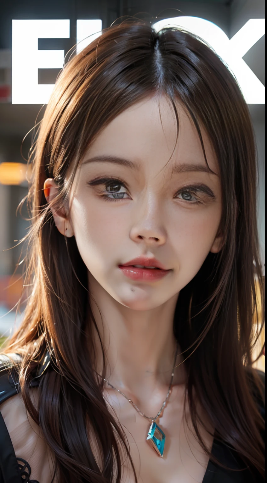 Masterpiece, 1 Beautiful Girl, Detailed Eyes, Swollen Eyes, Top Quality, Ultra High Resolution, (Reality: 1.4), Cinematic Lighting, Japanese, Asian Beauty, Korean, Very Beautiful, Beautiful Skin, Slender, Body Facing Forward, (Ultra Realistic), (High Resolution), (8K), (Very Detailed), ( Best Illustration), (beautifully detailed eyes), (super detailed), (wallpaper), detailed face, bright lighting, professional lighting, looking at viewer, facing straight ahead, outfit is fashionable shirt, 46 point slanted bangs, background is slightly blurred in cyberpunk game world, black hair (partly blond with mesh ), magazine cover,
