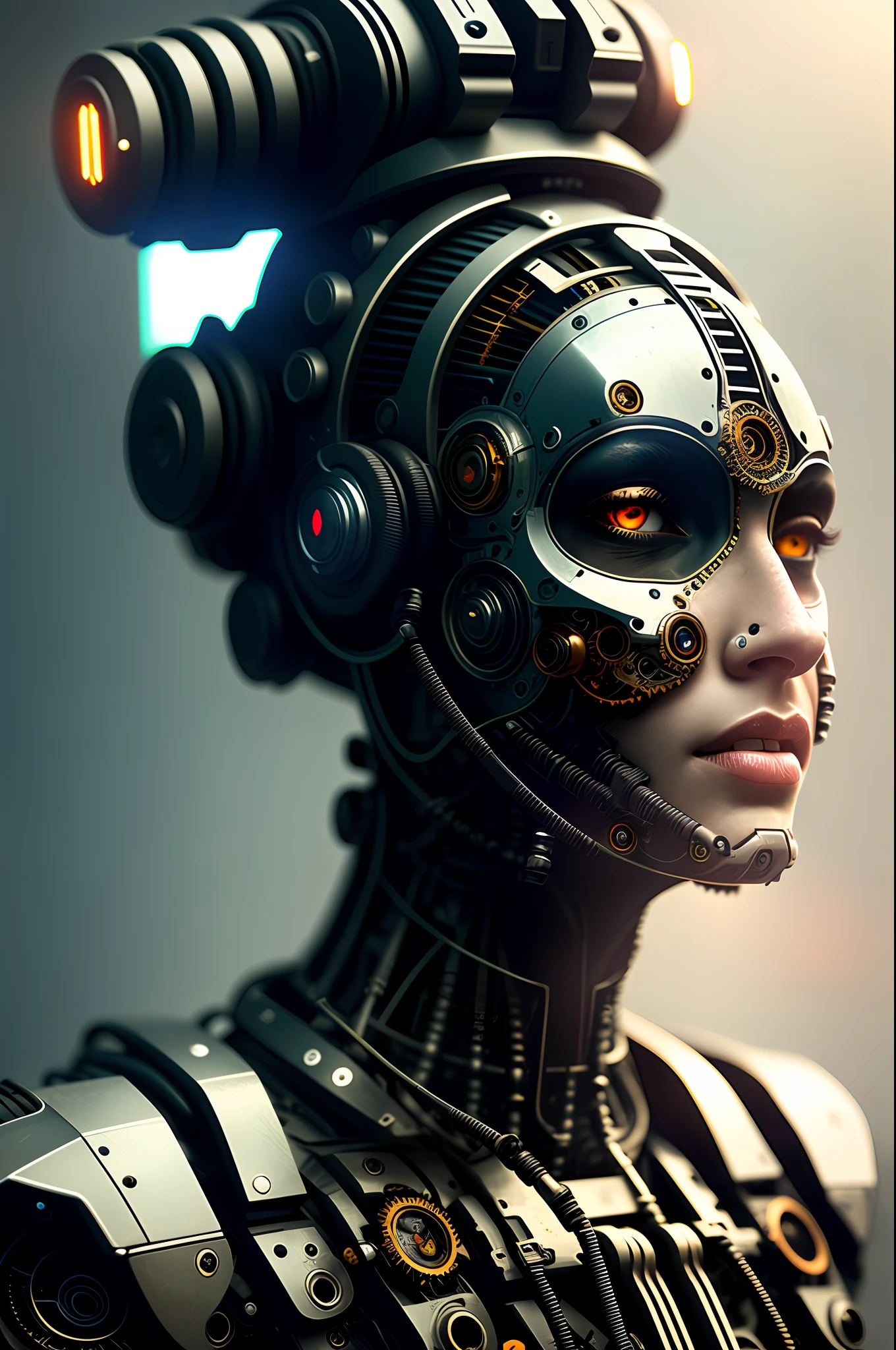 cyborg | Full Body Portrait| detailed face| symmetrical| steampunk| cyberpunk| cyborg | intricate detailed| scalar| hyperrealistic| cinematographic lighting| digital art| concept art| Style MDJRNY-V4
