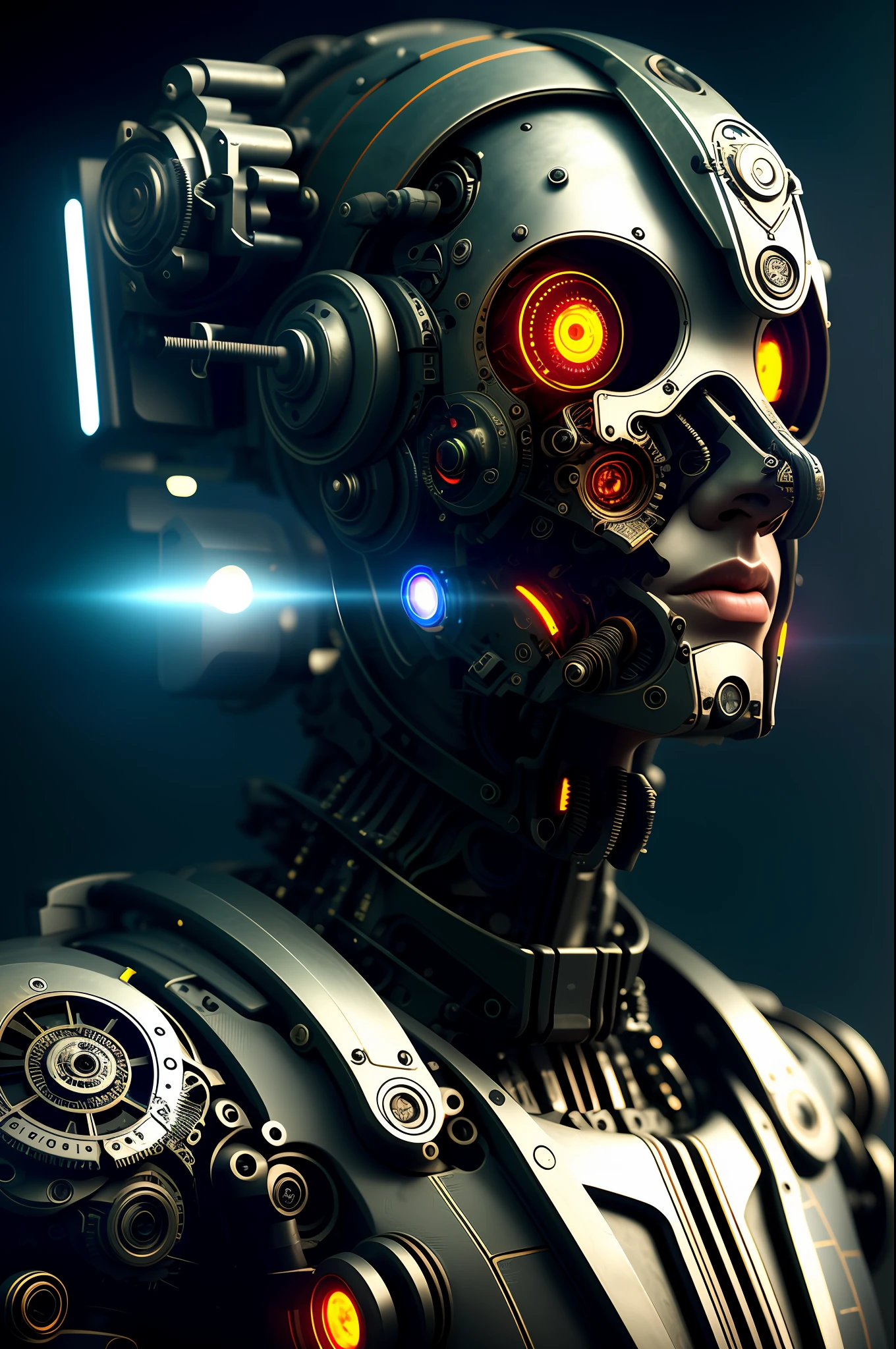 cyborg | Full Body Portrait| detailed face| symmetrical| steampunk| cyberpunk| cyborg | intricate detailed| scalar| hyperrealistic| cinematographic lighting| digital art| concept art| Style MDJRNY-V4