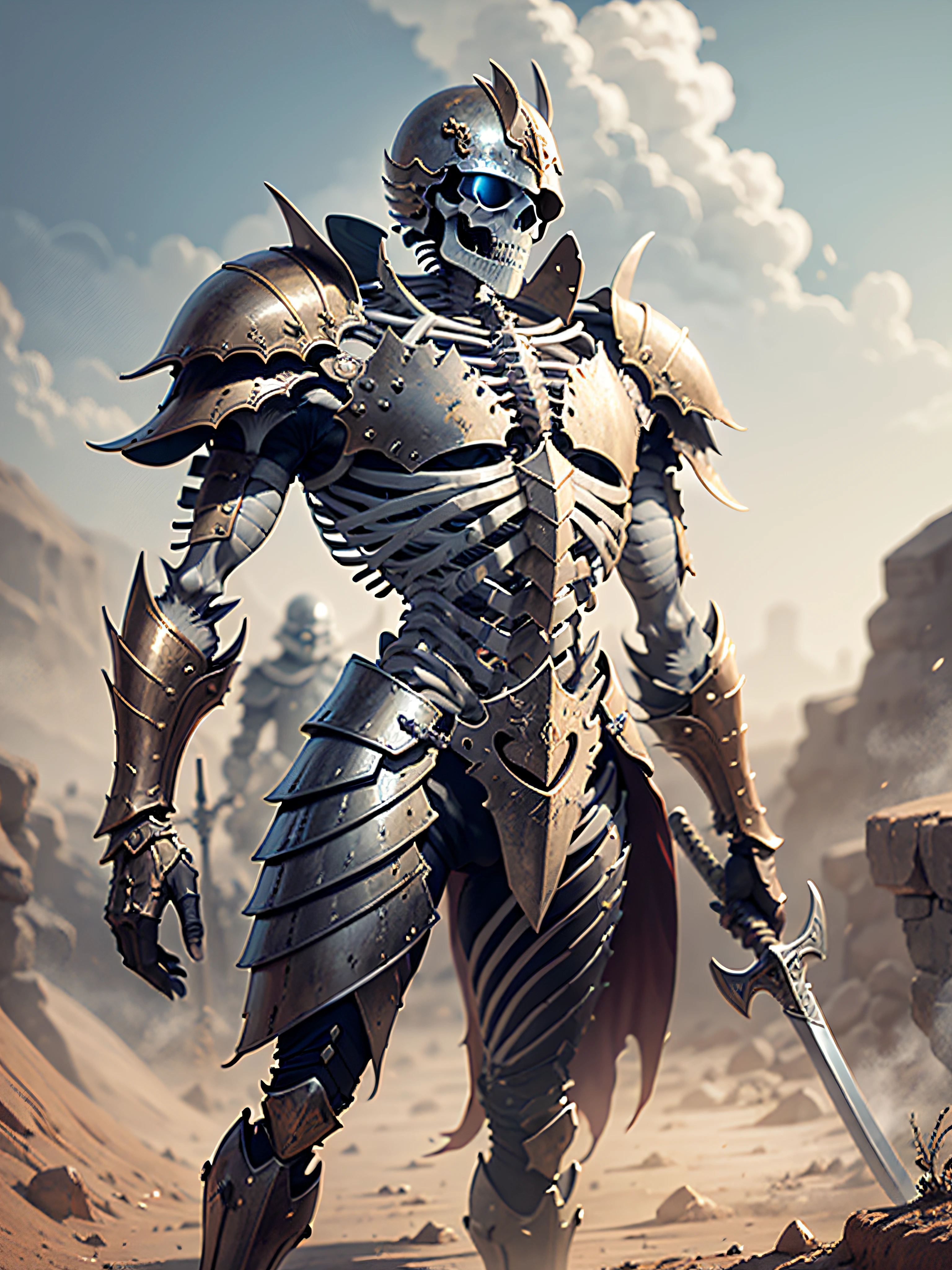 An armor clad skeletal warrior standing proud upon a dry and dusty terrain, brandishing an upright rusted sword in its boney grip. The warrior's ribcage and spinal column visible beneath aged and dented armor plates that cover parts of its skeletal frame. Upon its head sits a tarnished helmet hiding the warrior's bare skull from view.