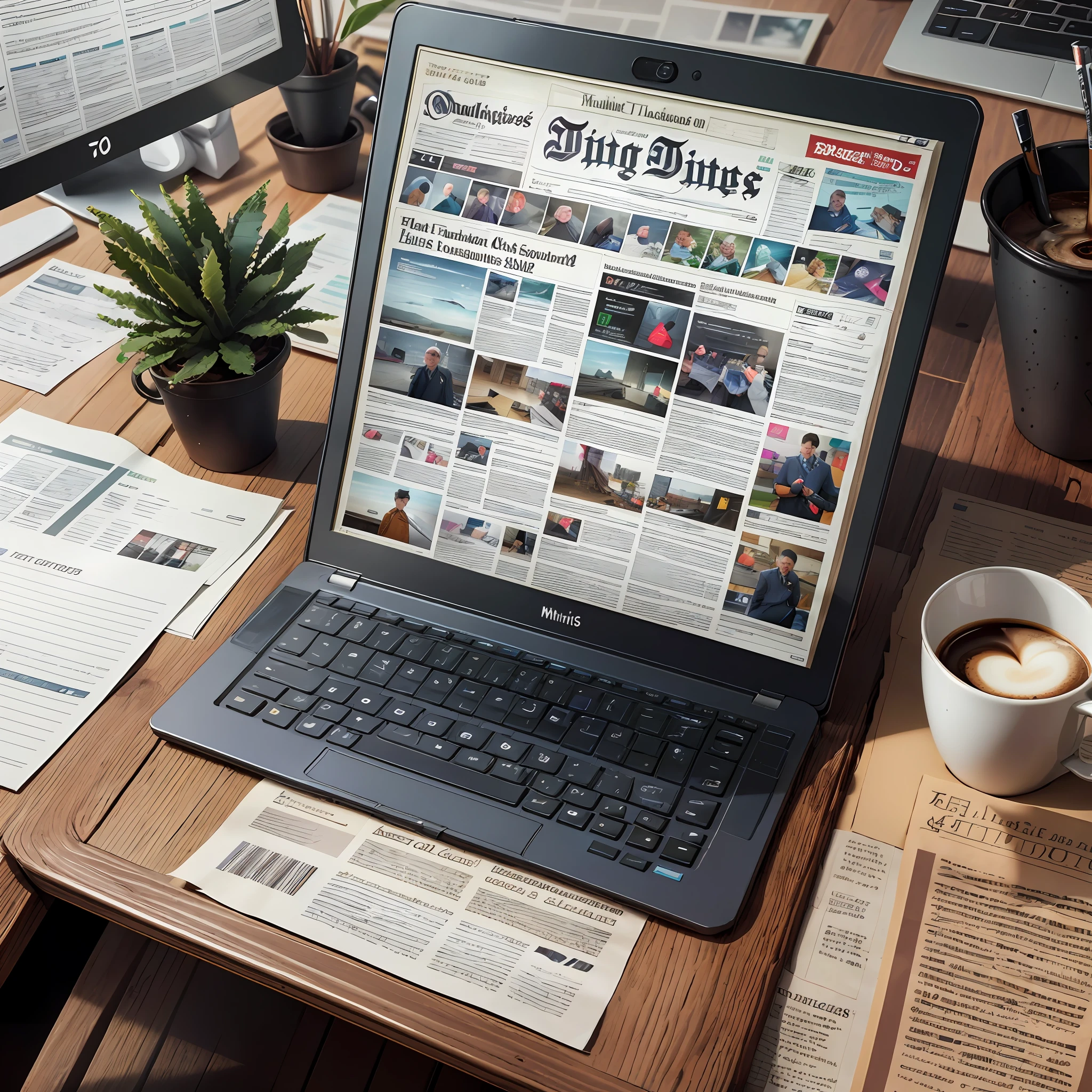there is a laptop computer sitting on a desk with a cup of coffee, newspaper photography, by Matthias Stom, newspaper, absolutely outstanding image, newspaper illustration, by Jakob Gauermann, editorial photograph, newspaper style, photorealistic magazine picture, reading the newspaper, by Thomas Häfner, pc screen image, by Tobias Stimmer, by Matt Stewart