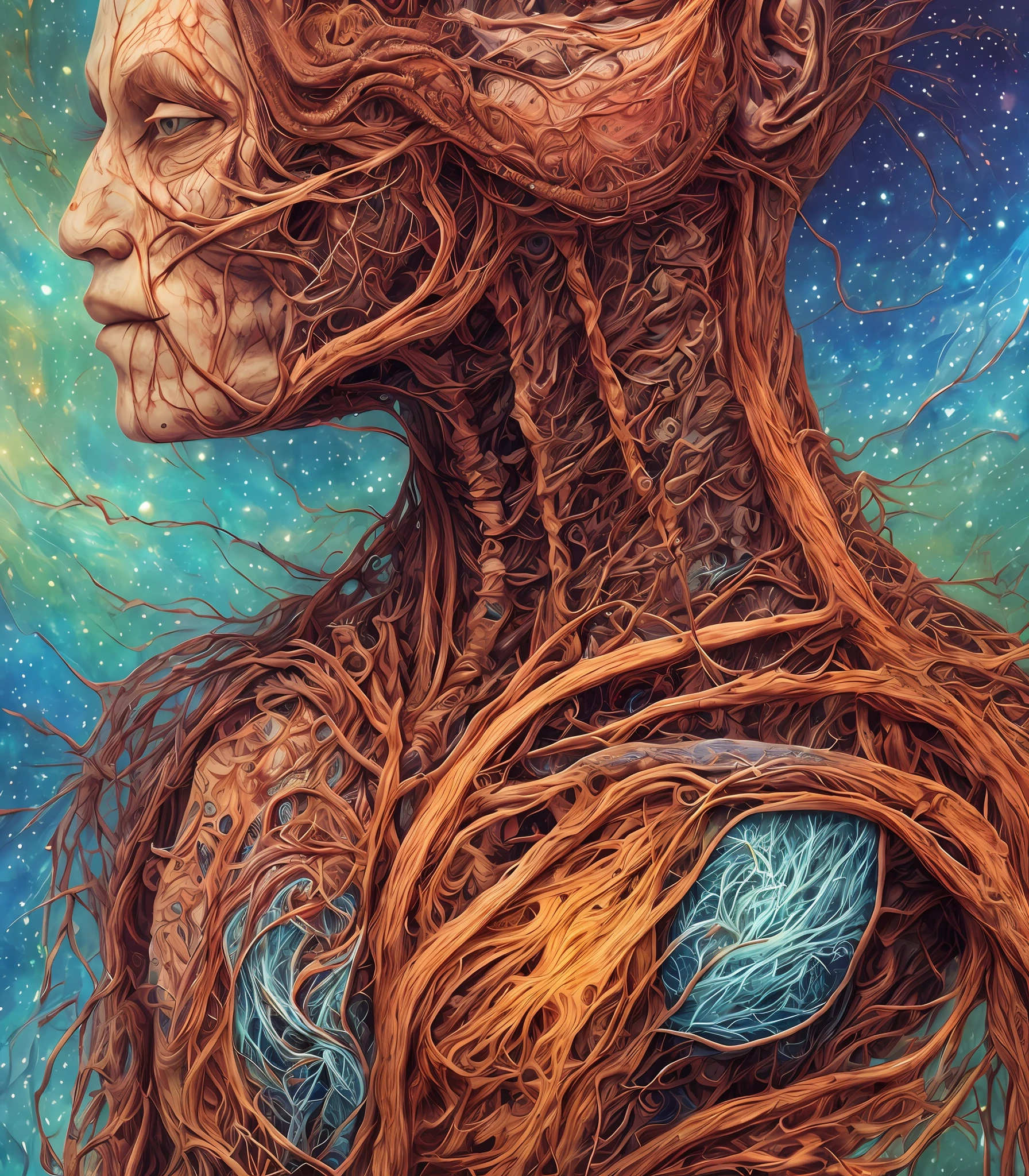 psychedelic, intricate, hyper detailed, artistic, human figure, portrait, veins and arteries, creepy, turning into cosmic ashes