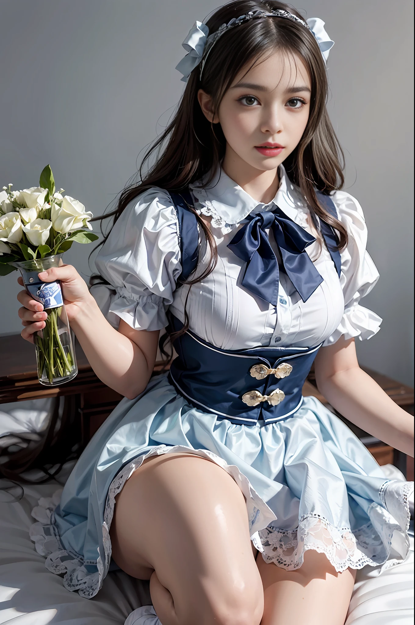 (Photoreal: 1.4), (Hyperrealistic: 1.4), (Realistic: 1.3), (Smooth Lighting: 1.05), (Improved Cinematic Lighting: 0.9), 32K, One Japan woman with a faint smile, realistic lighting, backlight, face lights, ray tracking, (Bright light: 1.2), (Quality improvement: 1.4), ( Top quality realistic textured skin: 1.4), fine detailed eyes, detailed face, fine quality eyes, dark brown eyes, (tired, sleepy and satisfied: 0.0), pale lighting, headband in hair, blouse with white ruffles, ribbon tie, navy blue long skirt, shiny silk white ankle socks, white background, holding bouquet in hand, squatting with legs on bed, lace, ruffles, flowers, ribbons, books,
