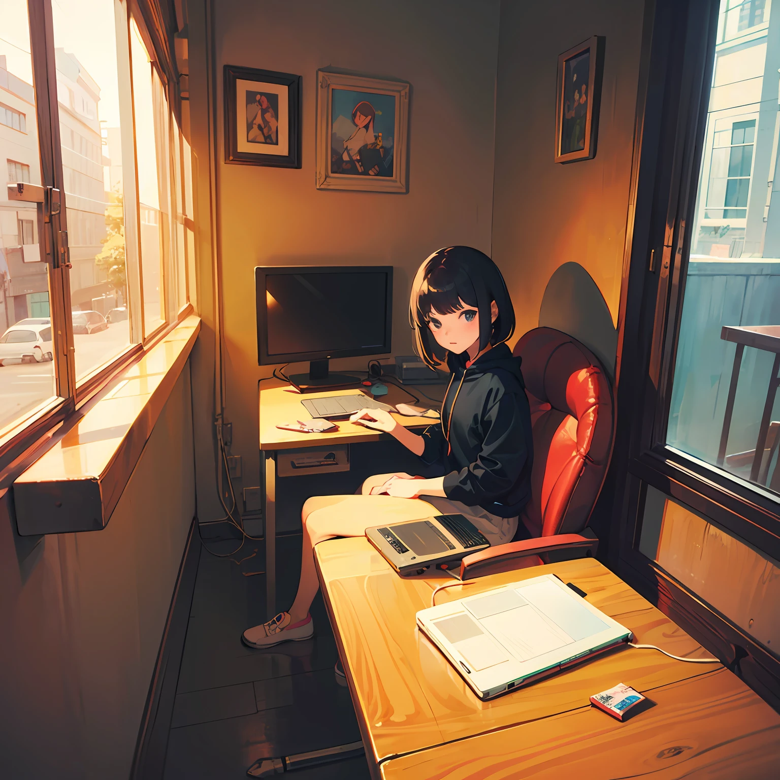anime character sitting at a desk with a laptop and a cat, lofi girl, lofi art, lofi artstyle, lofi feel, lofi portrait, lofi colors, lofi, lo-fi art, lofi vibes, lofi vibe, lofi hip hop, satoshi kon artstyle, lofi girl aesthetic --auto