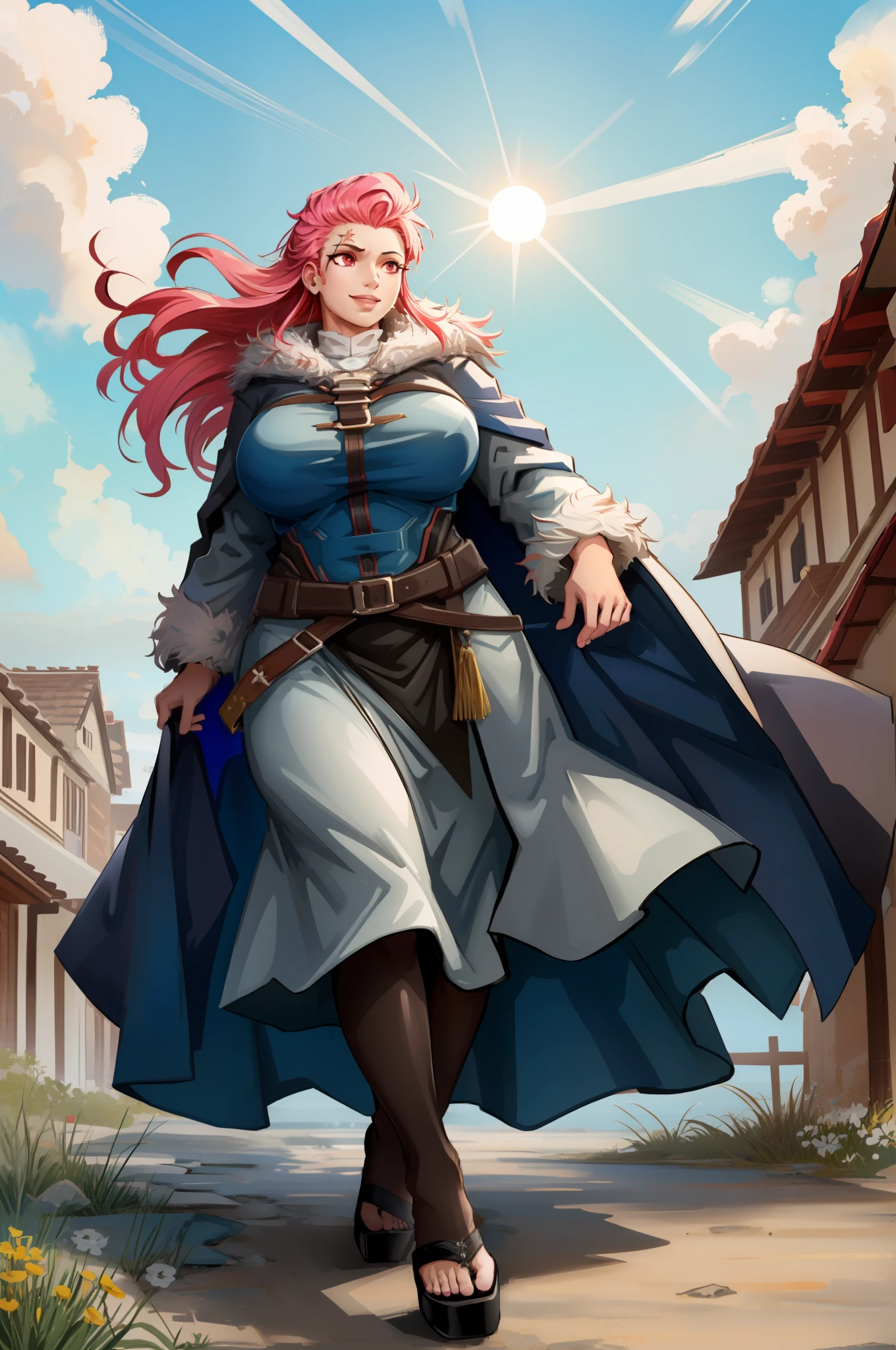 (masterpiece, best quality), intricate details, 1girl, zarya,Gothic, huge chest, tall woman, curved, f, long hair,alone, , forest city, plants, walking, smile, smile, ,fur clothes, wizard, medieval, village,tights, portrait, long skirt, long dress, flip-flops, , huge breast, , , 1gir,1character, walking,long skirt, red eyes, walking,female,fantasy goddess,there is a cartoon picture of a woman with a very large breast, glowing angelic being, glowing holy aura, inspired by Luma Rouge, the non-binary deity of spring, ethereal rainbow nimbus, the butterfly goddess of fire, inspired by Marie Angel, glowing aura around her, astral fairy, as the goddess of the sun, “uwu the prismatic person, big breast, happy, beautiful eyes, , full body, walking, long robe, long dre, , nun, priestess ,holy, venus body, curvy, huge breast, forest, long skirt, coat, very long skirt,coat, europe, france, french, pantyhose, walking, pink hair, smile, happy,long skirt , long dres, curvy, huge breast, muscle girl