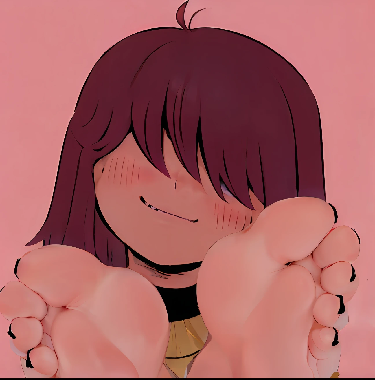 brown hair, eyes covered, blushing, feet, soles, black nail polish, evil grin, hd, highres
