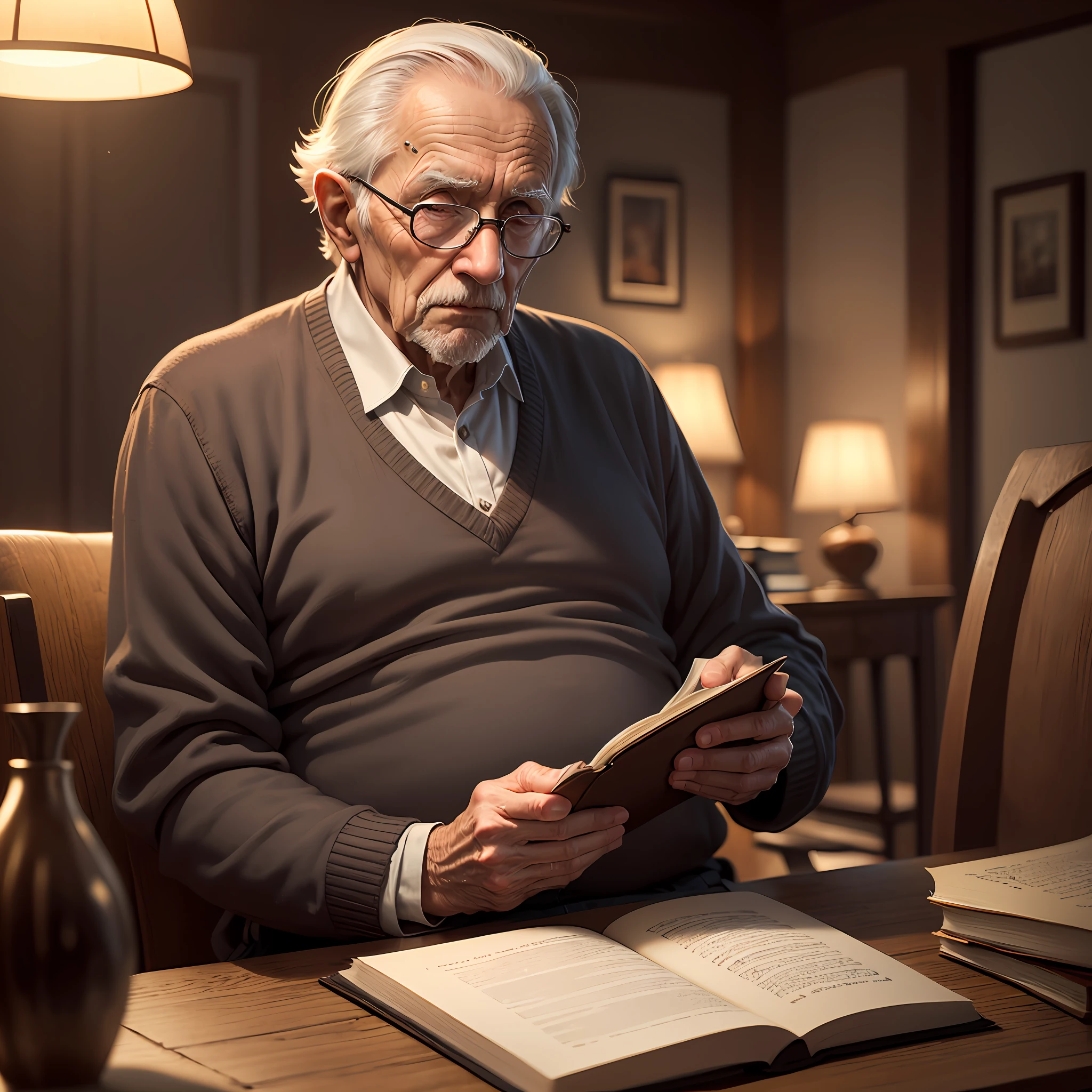 an old man reading an old book, twilight light, warm atmosphere, cultured atmosphere, (masterpiece) (perfect proportion) (photo realistic) (best quality) (detailed) (8k) (HDR) (wallpaper) (cinematic lighting) (sharp focus) (intricate) --auto