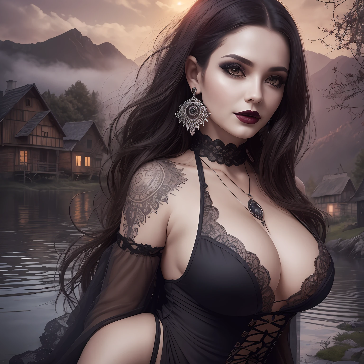 realistic,a beautiful woman of gothic horror in a black lake, beautiful woman, cheerful face, look at the viewer, hair ornament, earrings and cord, lipstick and gothic makeup, langerie with lace, unsettling horror, professional, (Extremely detailed: 1.2), glow effects, goddesses, intricate details, sharp focus, dramatic, photorealistic, tribal village, wooden village, forest background with mountains on the horizon at sunrise with fog and some wooden houses in the distance, sharp contrast, many colors, large breasts, cleavage, back, back, round ass