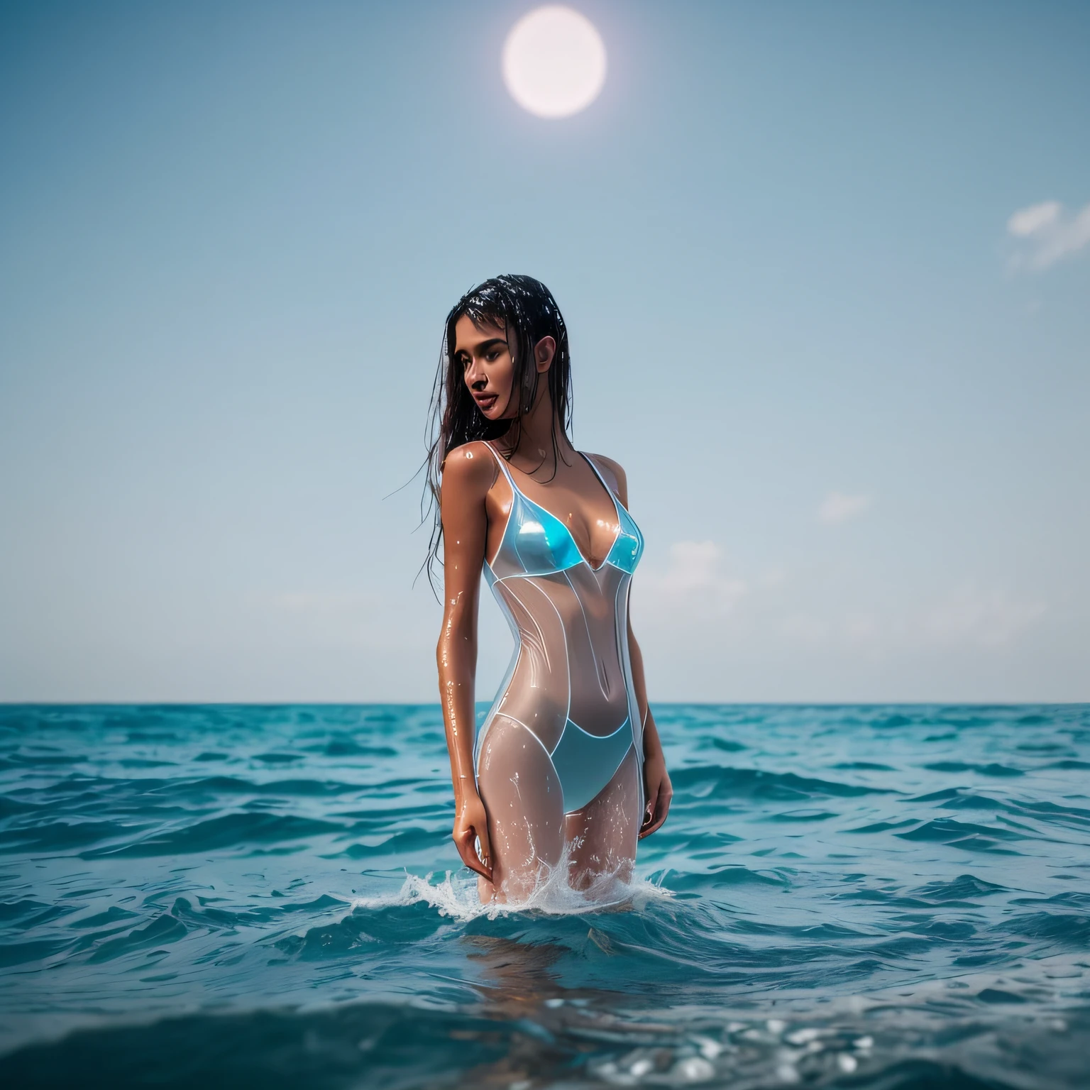 Young naughty brunette woman with transparent clothes almost invisible wet in sea water 8k with cinematic lights --auto