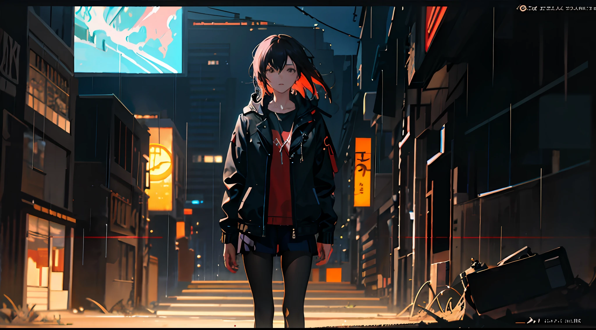 1girl, jacket, rain, outdoor, hoodie, open jacket, chain, backpack, looking at another, messy hair, trending on artstation, 8k resolution, highly detailed, anatomically correct, sharp image, digital painting, concept art, trending on pixiv, style of makoto shinkai,