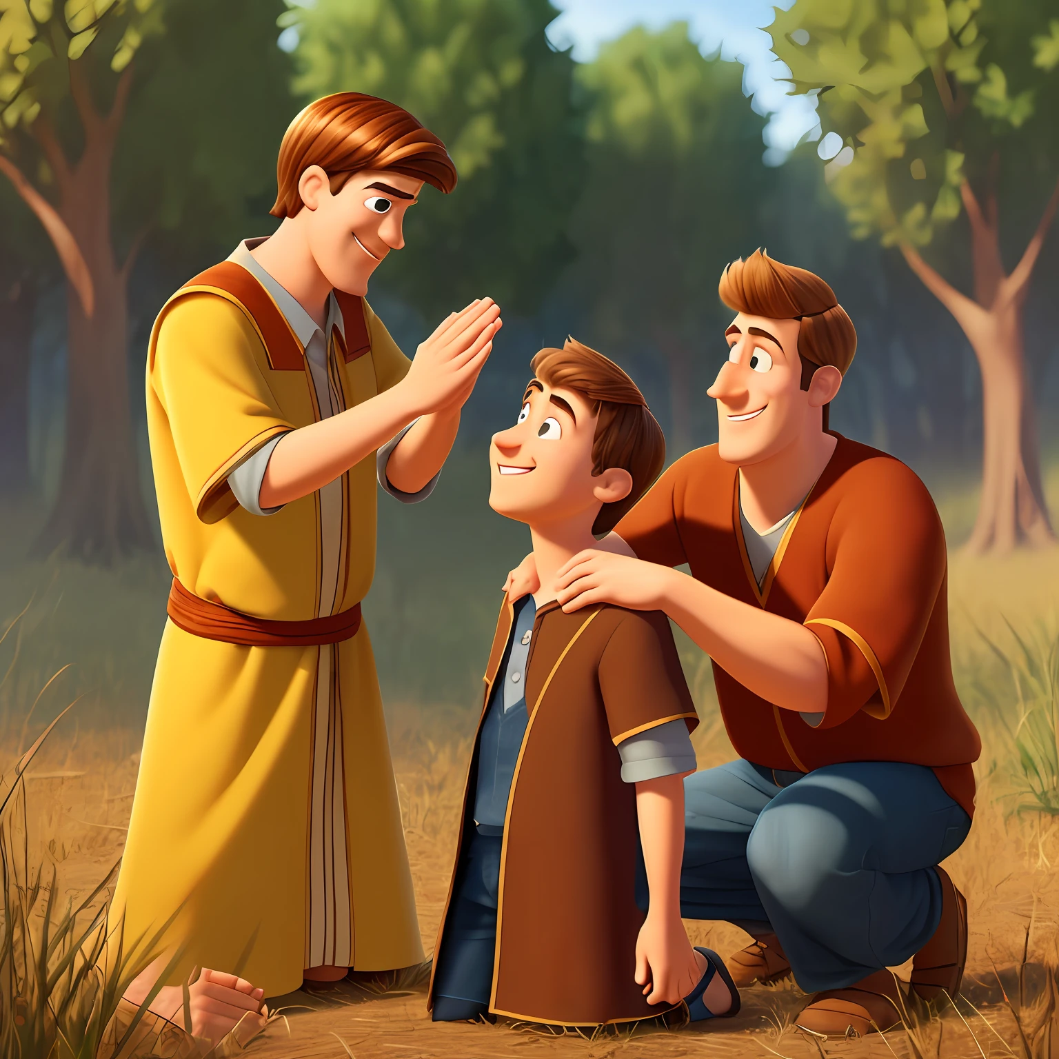 Prophet samuel in the field anointing king david, brown hair, smiling, youthful, pixar style --auto