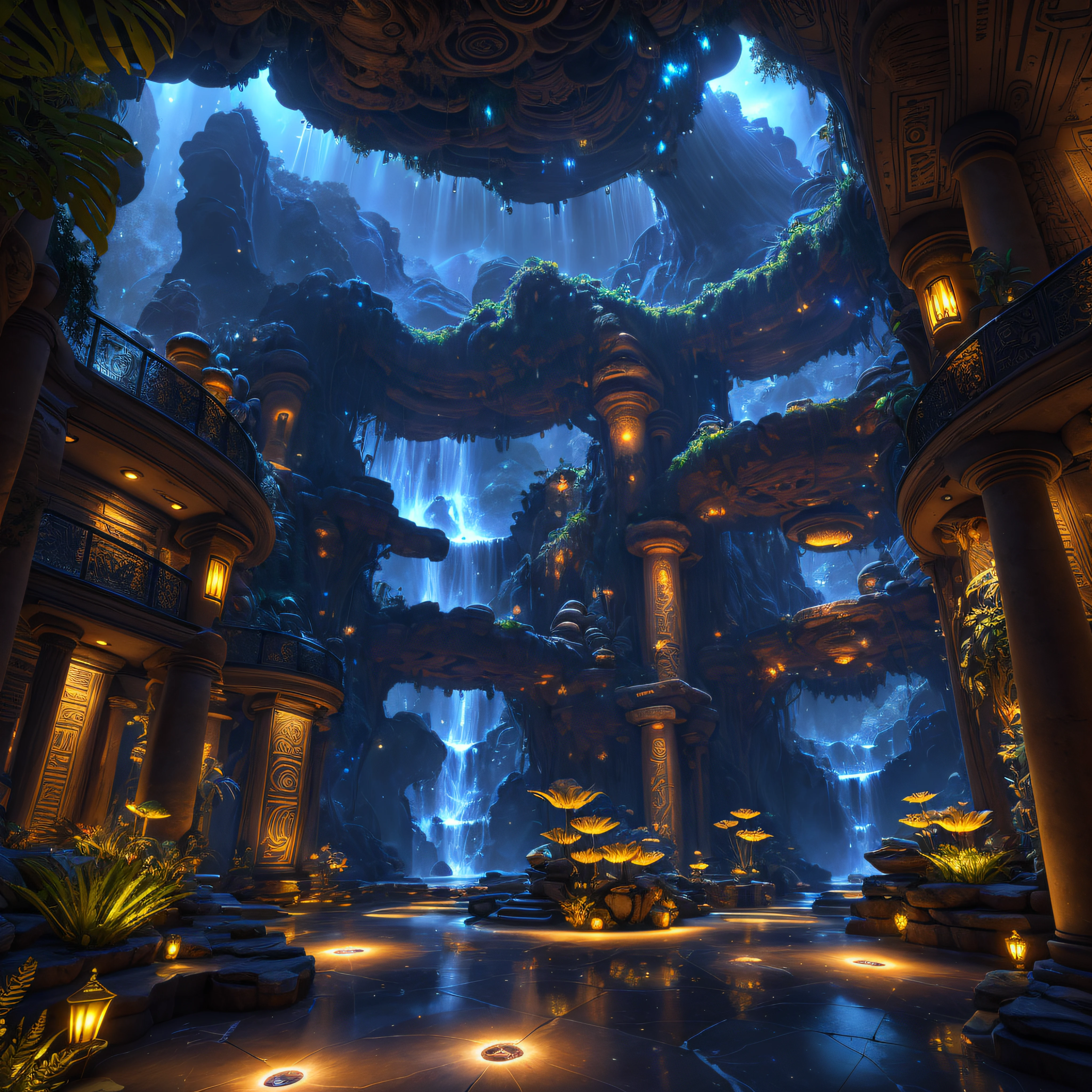 incredible Na'vi-inspired luxurious futuristic store interior in Ancient Egyptian style with many ((lush plants)) (lotus flowers), ((palm trees)), rocky walls, (sand), ((waterfalls)) (marble), ((precious minerals)), ((metals)), (gemstones), crystals, clouds and ((water)), (hieroglyphics), ((trees and plants made out of gemstones and precious minerals and lights)), crocodiles, (((ultra luxury))), (black marble) – with ((beautiful lights)), Unreal Engine, HQ, 16k