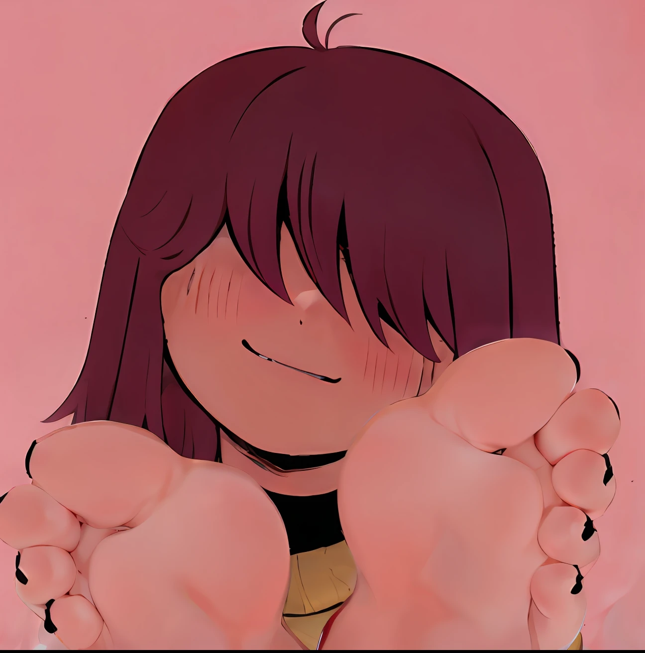 brown hair, eyes covered, blushing, feet, soles, black nail polish, evil grin, hd, highres