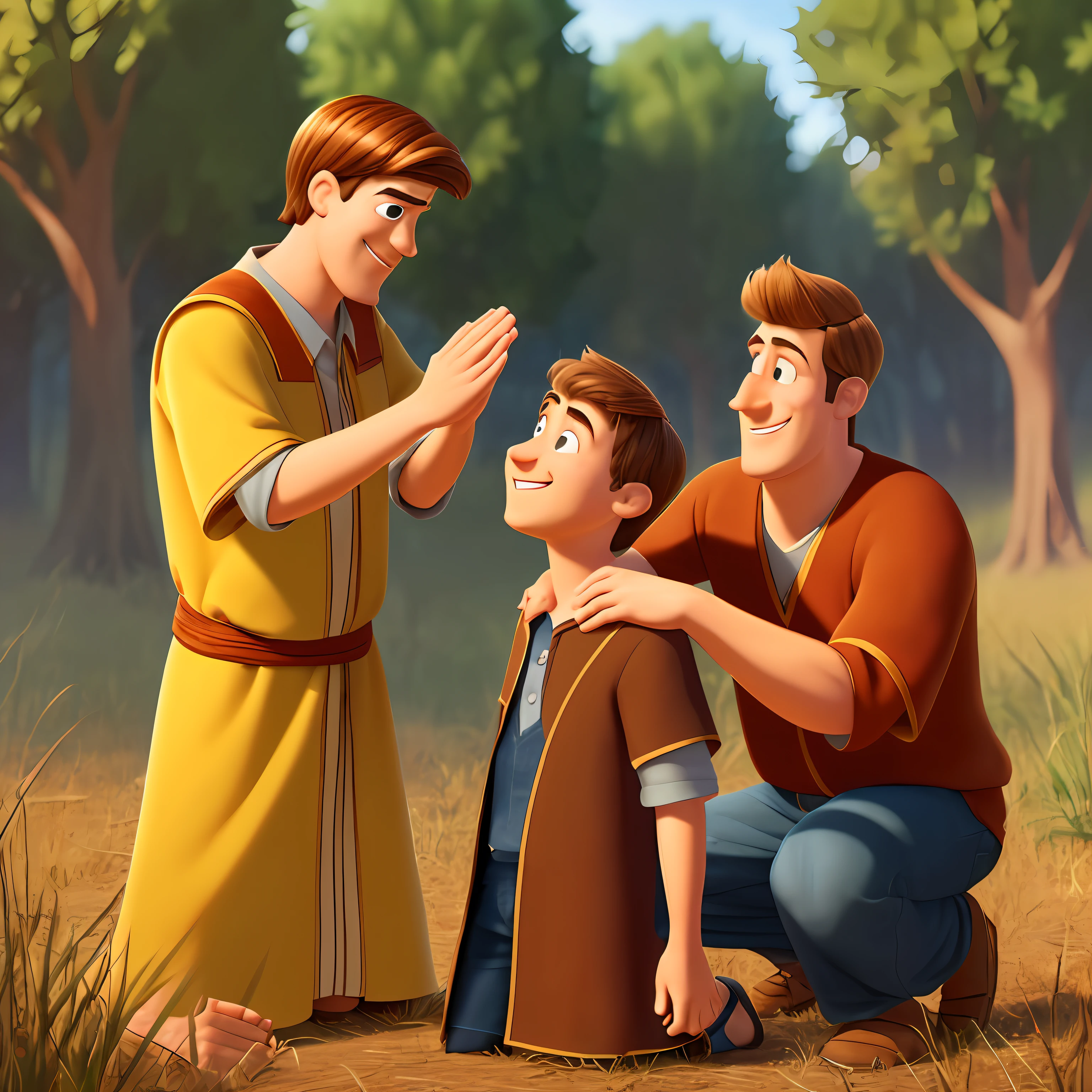 Prophet samuel in the field anointing king david, brown hair, smiling, youthful, pixar style --auto