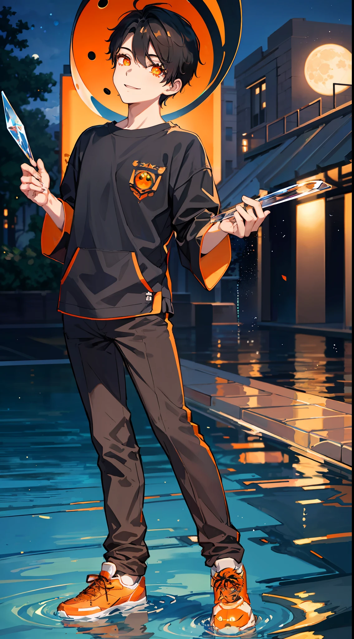 masterpiece, UHD, black hair, shapely, (1boy:2.0), orange street wear, detailed face, (beautiful and detailed orange glowing eyes:1.4), front shot, from bellow, smiling, full body, lake background, crystal clear water, glow water, park, night, glow orange, clear sky, moon, starfall,