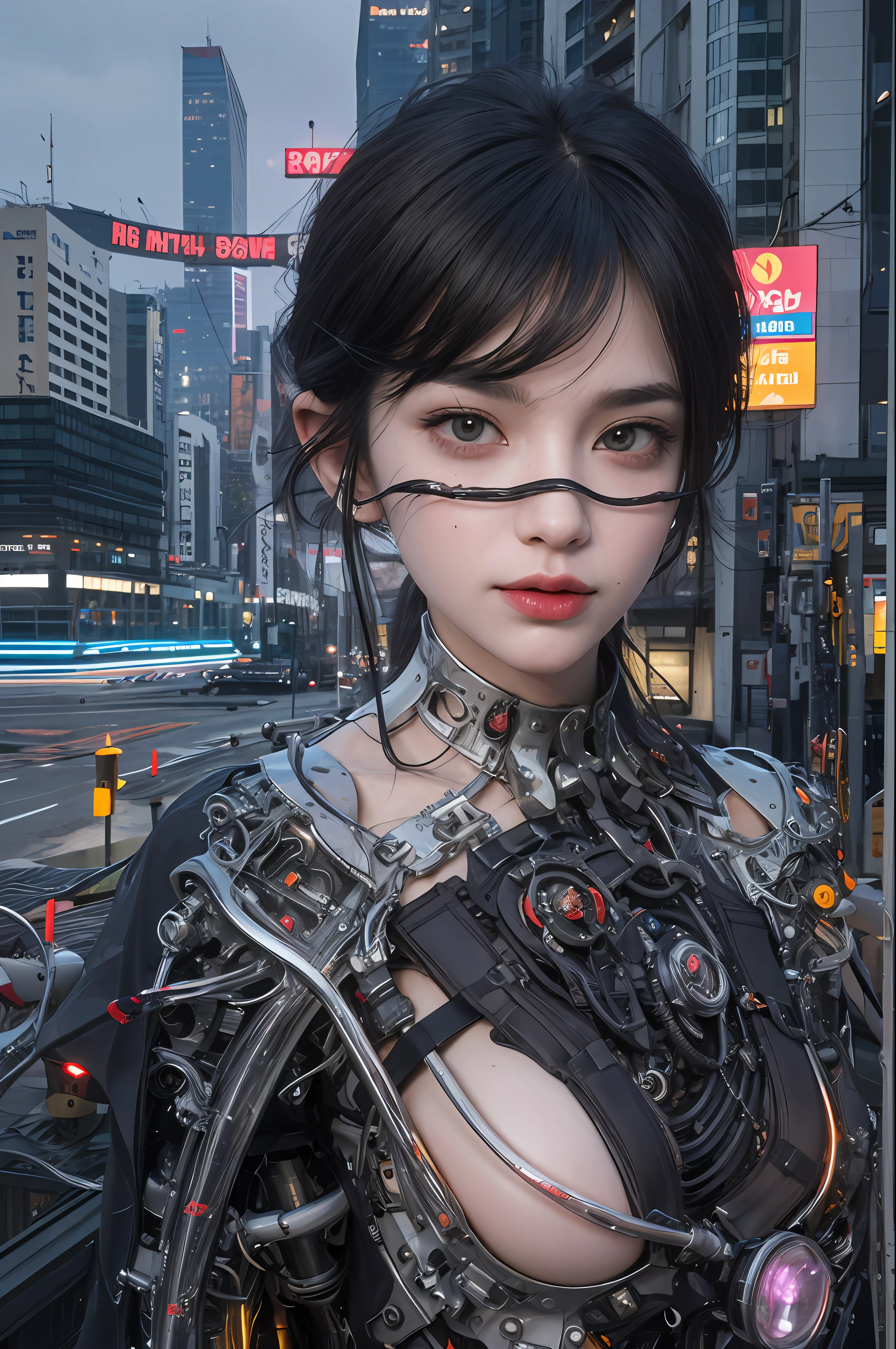 Top Quality, Masterpiece, Ultra High Resolution, (Photorealistic: 1.4), Raw Photo, 1 Girl, Black Hair, Glossy Skin, 1 Mechanical Girl, (Ultra Realistic Detail)), Portrait, Global Illumination, Shadows, Octane Rendering, 8K, Ultra Sharp, Big, Cleavage Exposed Raw Skin, Metal, Intricate Ornament Details, Headset, Hydraulic cylinder, very intricate details, realistic light, CGSoation trend, purple eyes, glowing eyes, facing the camera, neon details, mechanical limbs, blood vessels connected to the tube, mechanical vertebrae attached to the back, mechanical cervical attachment to the neck, sitting, wires and cables connecting to the head, evangelion, cyberpunk, small LED lamp, Futuristic skyscrapers, flying cars and mechanical airships in the background