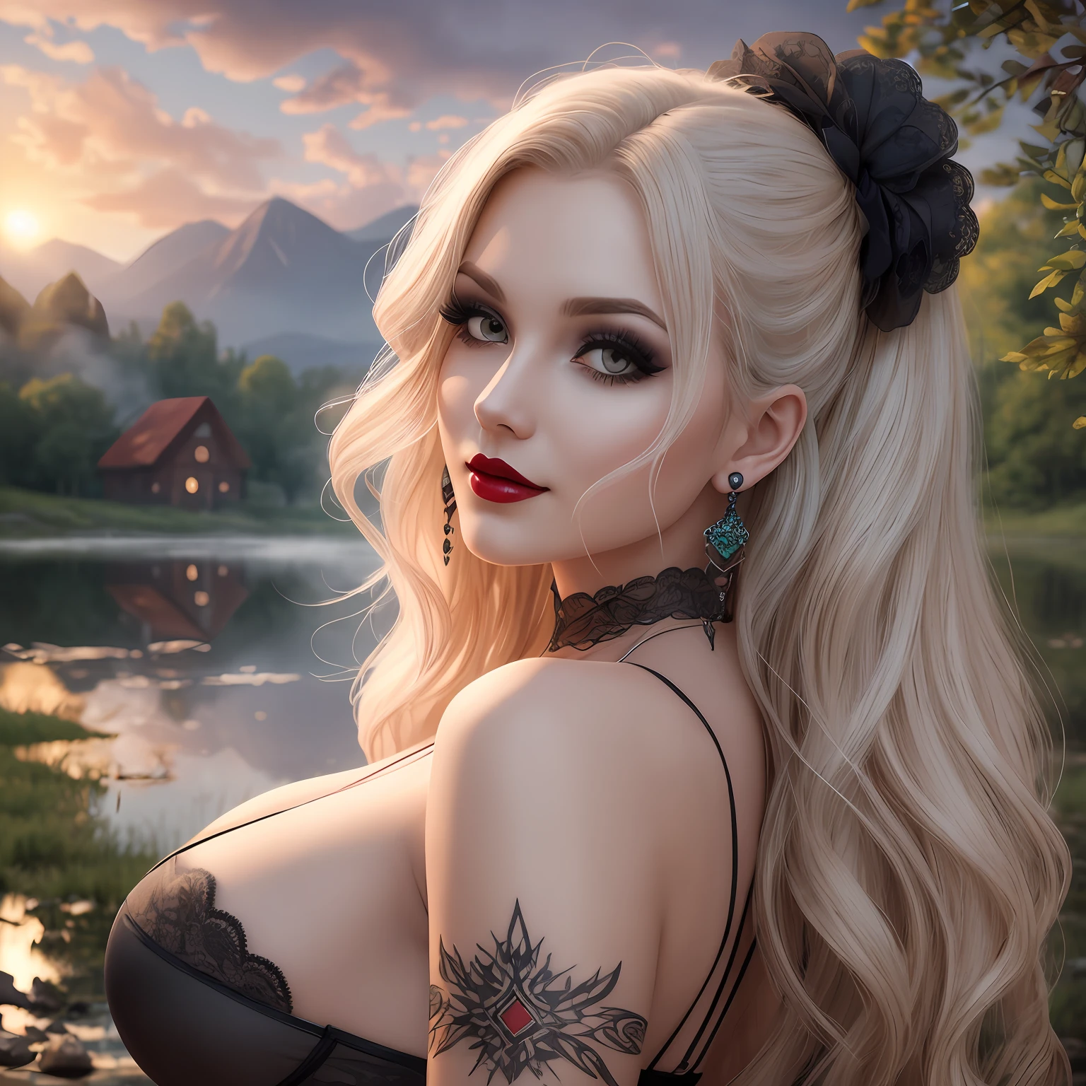 realistic, a beautiful 25-year-old woman of gothic horror near a black lake, beautiful woman, cheerful face, back, round ass, hair ornament, earrings and cord, lipstick and gothic makeup, langerie with lace, unsettling horror, professional, (Extremely detailed: 1.2), glow effects, goddesses, intricate details, sharp focus, dramatic, photorealistic, tribal village, wooden village, Forest background with mountains on the horizon at sunrise with fog and some wooden houses in the distance, sharp contrast, many colors, large breasts, neckline