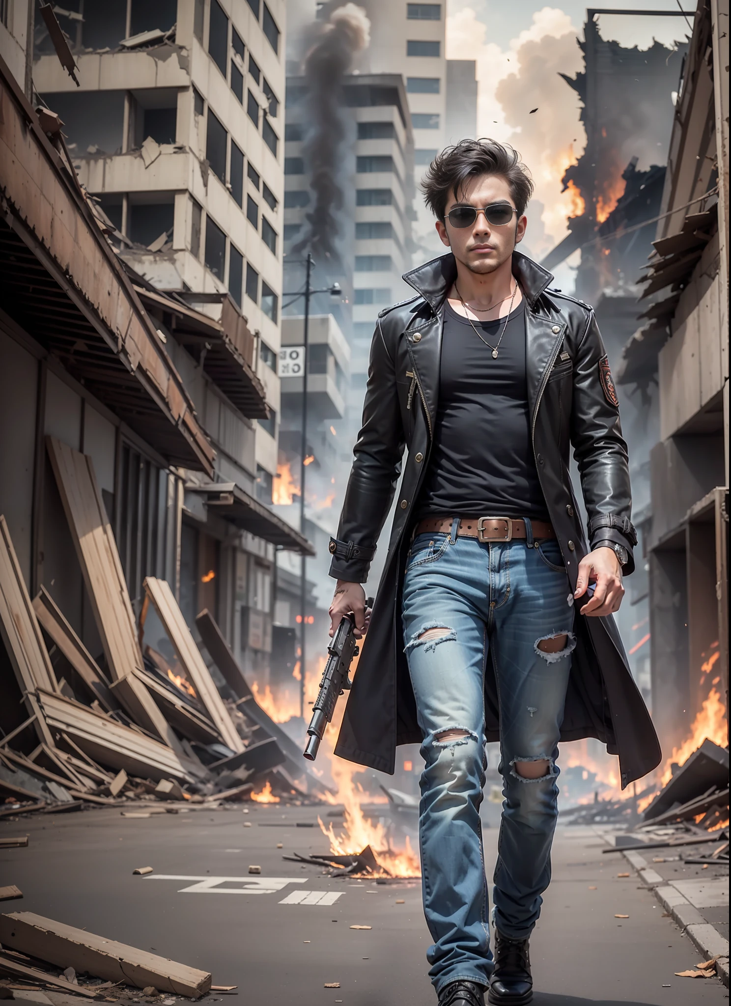 strong tone cruise, sunglasses, jeans, 1 belt, holster, rivets, long coat, long black t-shirt, only one body, shoots big gun, in ruins, explosions behind, fire behind, front view