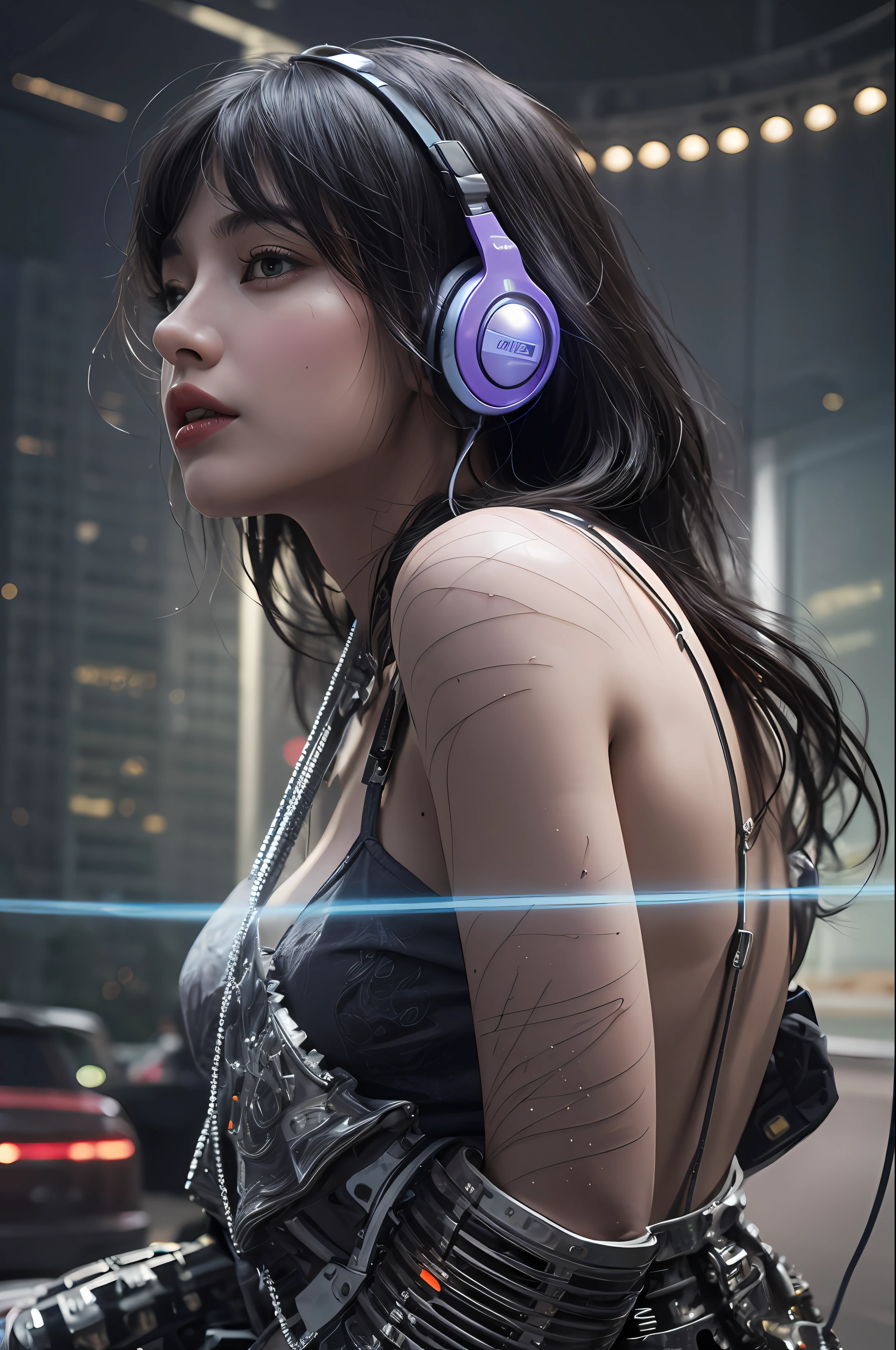 Top Quality, Masterpiece, Ultra High Resolution, (Photorealistic: 1.4), Raw Photo, 1 Girl, Black Hair, Glossy Skin, 1 Mechanical Girl, (Ultra Realistic Detail)), Portrait, Global Illumination, Shadows, Octane Rendering, 8K, Ultra Sharp, Big, Cleavage Exposed Raw Skin, Metal, Intricate Ornament Details, Headset, Hydraulic cylinder, very intricate details, realistic light, CGSoation trend, purple eyes, glowing eyes, facing the camera, neon details, mechanical limbs, blood vessels connected to the tube, mechanical vertebrae attached to the back, mechanical cervical attachment to the neck, sitting, wires and cables connecting to the head, evangelion, cyberpunk, small LED lamp, Futuristic skyscrapers, flying cars and mechanical airships in the background