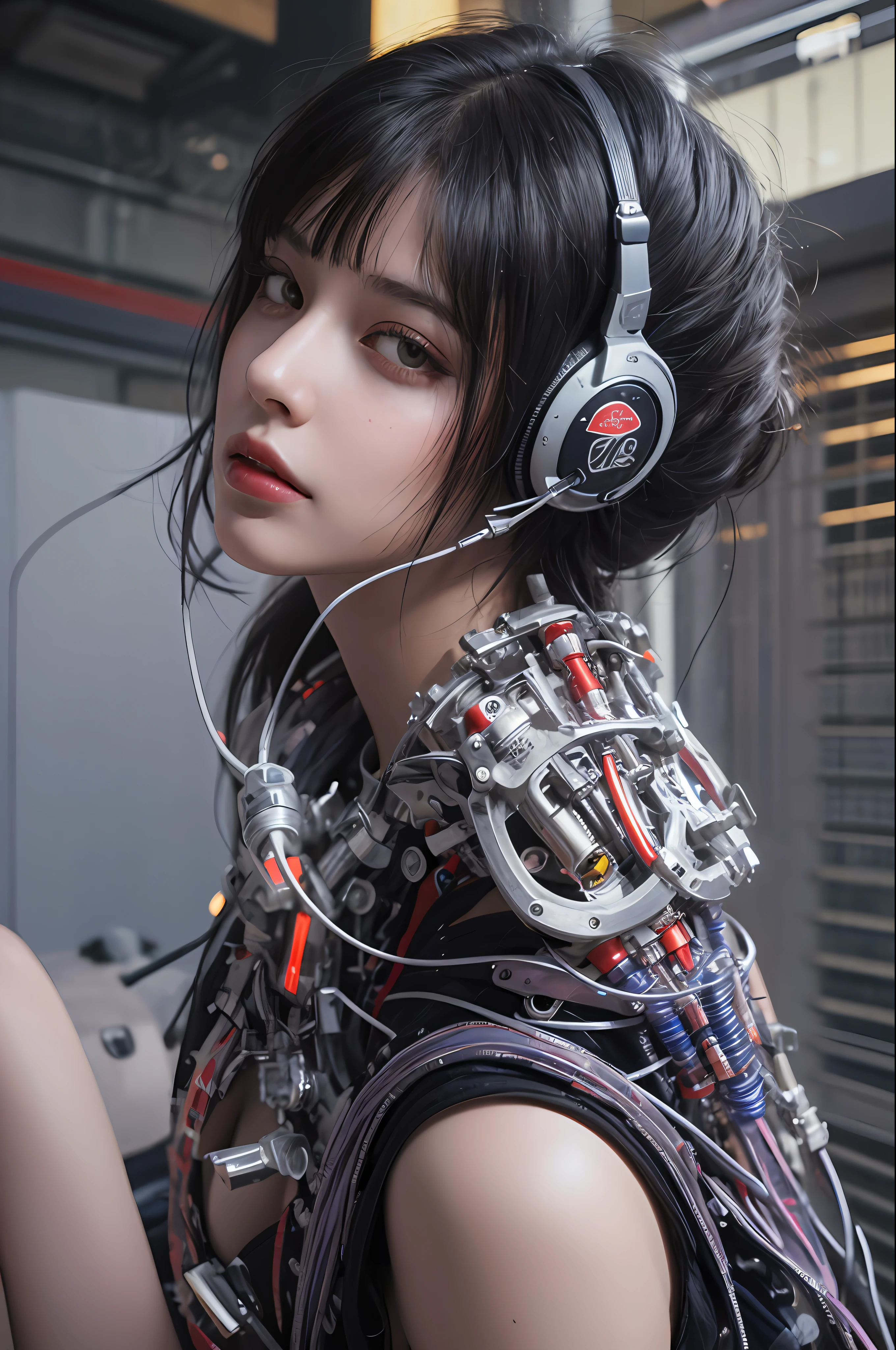 Top Quality, Masterpiece, Ultra High Resolution, (Photorealistic: 1.4), Raw Photo, 1 Girl, Black Hair, Glossy Skin, 1 Mechanical Girl, (Ultra Realistic Detail)), Portrait, Global Illumination, Shadows, Octane Rendering, 8K, Ultra Sharp, Big, Cleavage Exposed Raw Skin, Metal, Intricate Ornament Details, Headset, Hydraulic cylinder, very intricate details, realistic light, CGSoation trend, purple eyes, glowing eyes, facing the camera, neon details, mechanical limbs, blood vessels connected to the tube, mechanical vertebrae attached to the back, mechanical cervical attachment to the neck, sitting, wires and cables connecting to the head, evangelion, cyberpunk, small LED lamp, Futuristic skyscrapers, flying cars and mechanical airships in the background