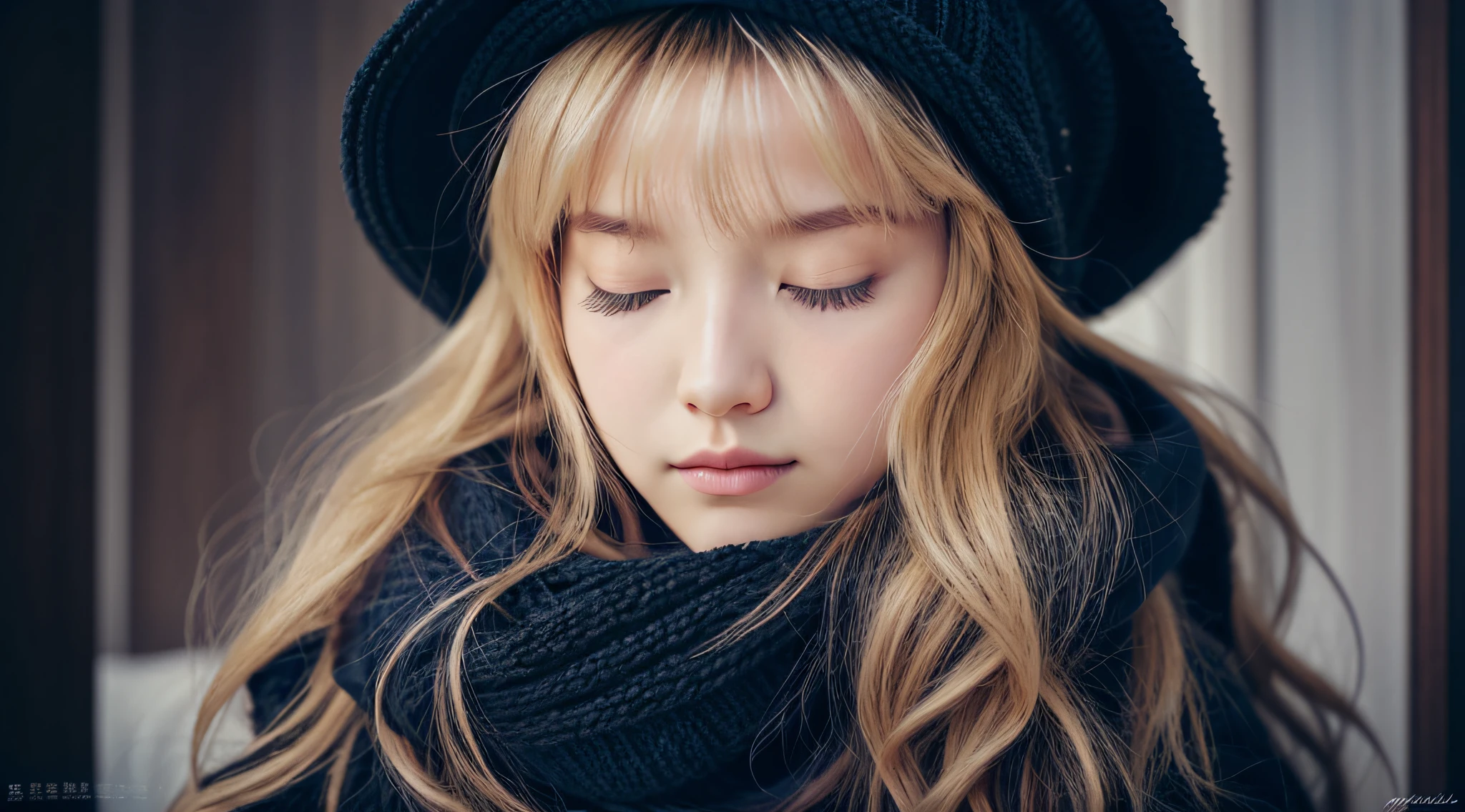 GIRL CHILD 12 YEARS, blonde with long hair WEARING a scarf and a hat, sleepy fashion model face, sleepy, sleepy expression, Marisa Kirisame, wearing cute BLACK scarf, prettier, sleeping, sick with a cold, Lalisa Manobal, Misa Amane*, very tired, sleeping, Takeyuki Kanda, Lalisa Manoban of blackpink