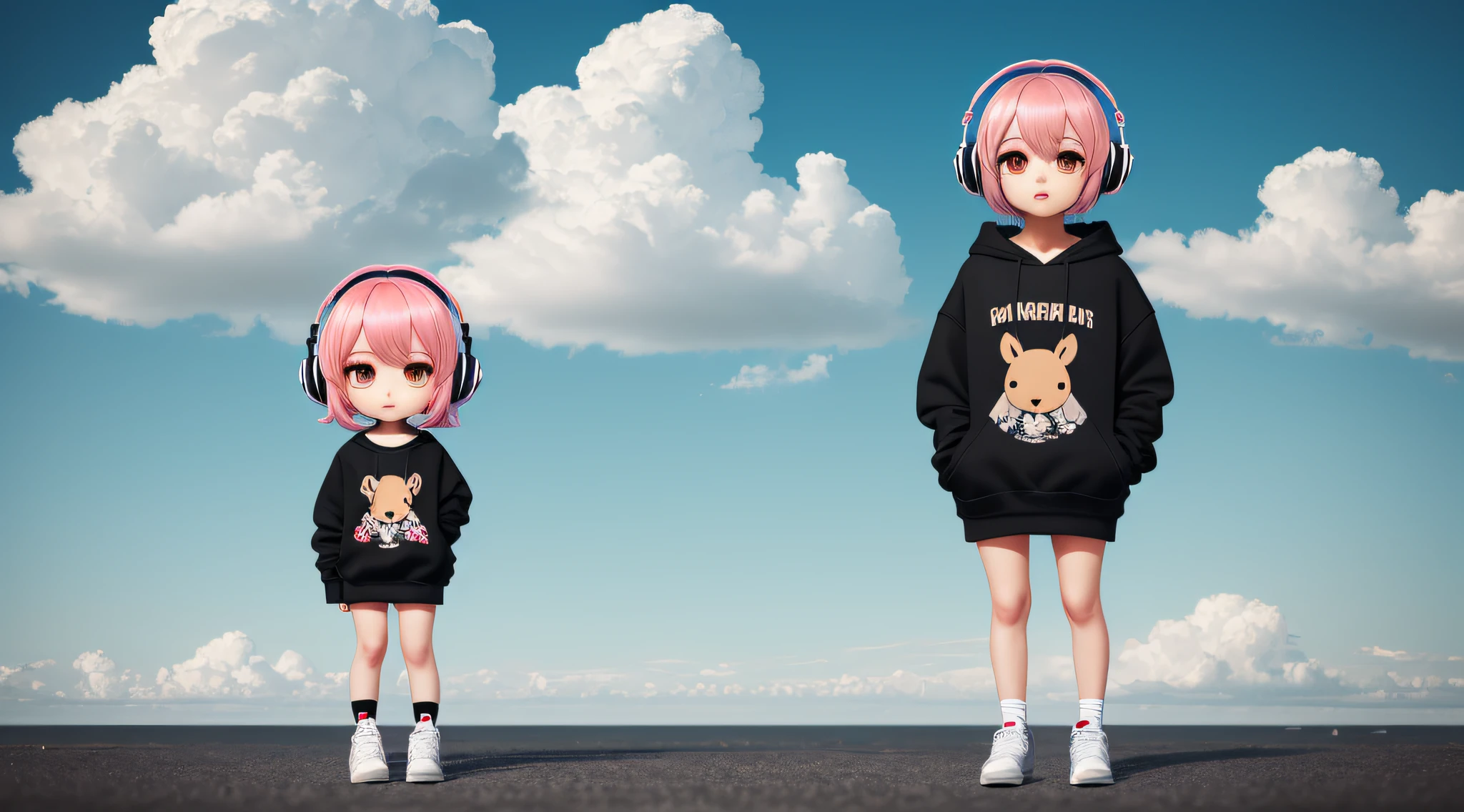 "(Masterpiece),(Best quality),(Ultra-detailed),(Full Body:1.2),E-girl,Chibi,Cute,(Lighting)(8k),(Listening to music),(Kangaroo sweatshirt) black with (Jordan sneakers), photo taken down up with cloud sky background --auto