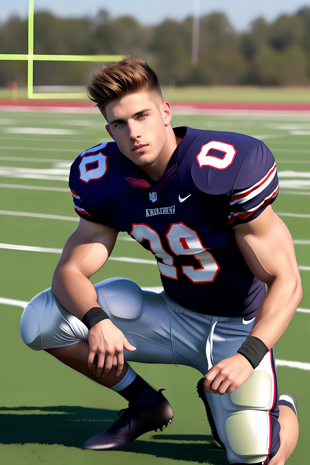 arafed man (who looks like cody calafiore+zach savoie) kneeling on a field with a football, a portrait by Wayne England, reddit, conceptual art, athletic tall handsome guys, athletic fashion photography, athlete photography, 30 year old man :: athletic, christian cline, full body greg rutkowski, football player, clayton crain, clay wilson, working out in the field, dylan cole,