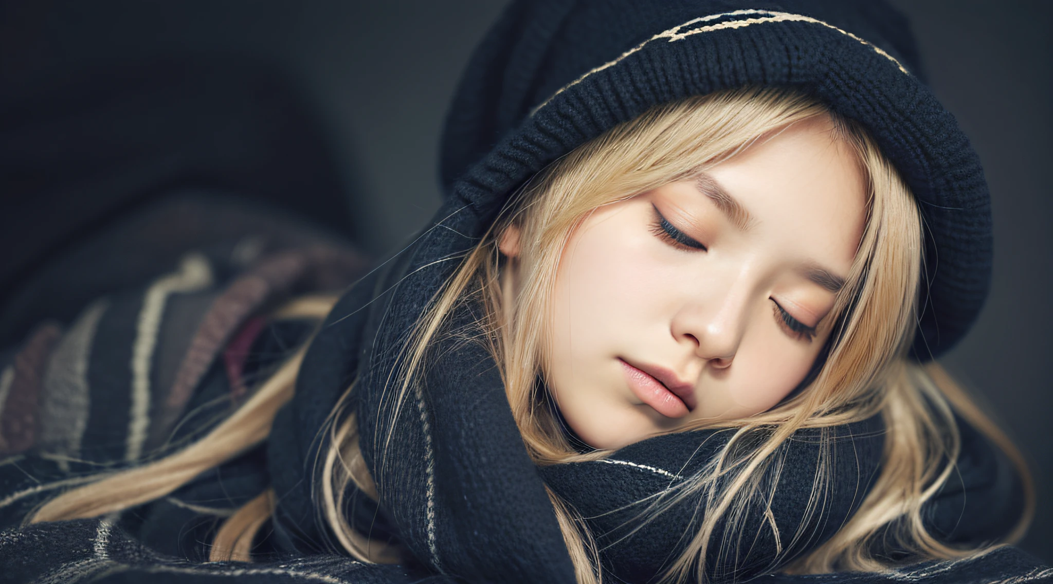 GIRL CHILD 12 YEARS, blonde with long hair WEARING a scarf and a hat, sleepy fashion model face, sleepy, sleepy expression, Marisa Kirisame, wearing cute BLACK scarf, prettier, sleeping, sick with a cold, Lalisa Manobal, Misa Amane*, very tired, sleeping, Takeyuki Kanda, Lalisa Manoban of blackpink
