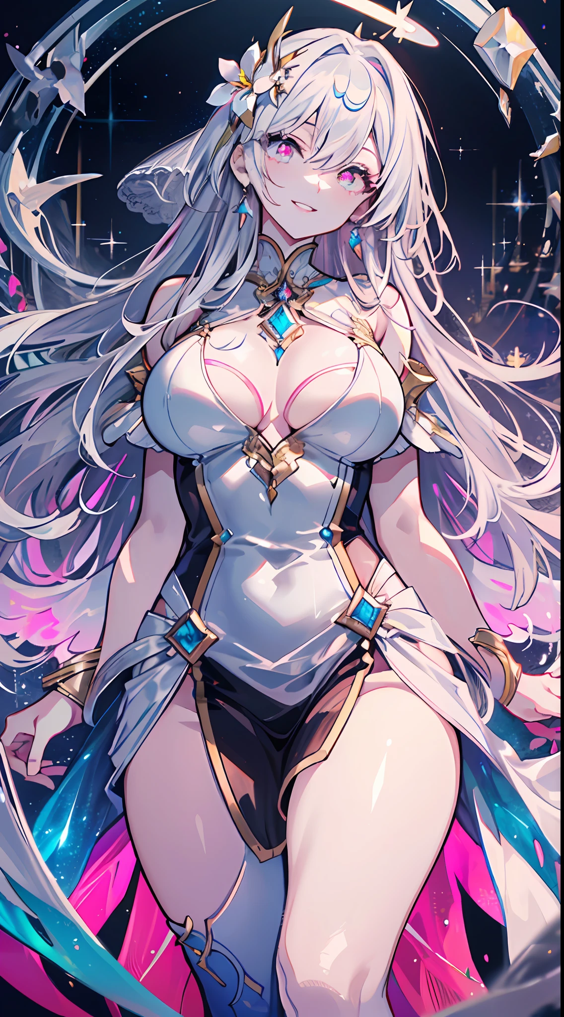 (Masterwork), (Best Quality), (4k), (Incredibly detailed CG illustration masterpiece), best quality, ultra-detailed, high resolution, extremely detailed cg, anime picture, unity 8k wallpaper, pov, (thick thighs), Curvy, White Hair, Red Eyes, 1 girl, Pale Skin, Two-Tone Hair, Eyelashes, Smile, Gleaming Skin, Shiny Hair, Long Hair, Night Sky, Nebula, Galaxy, looking at you, anime, beautiful anime eyes, beautiful detailed eyes, eyes, glittering eyes, perfect body, perfect lips, perfect nose, perfect eyes, (Neon), (Neon Lights), (Bright Colors), Angelic, Halo, Detailed Dress, Bridal Wear, Flowers, Headpiece, Fantasy, Gems. Magic, Power, Glow