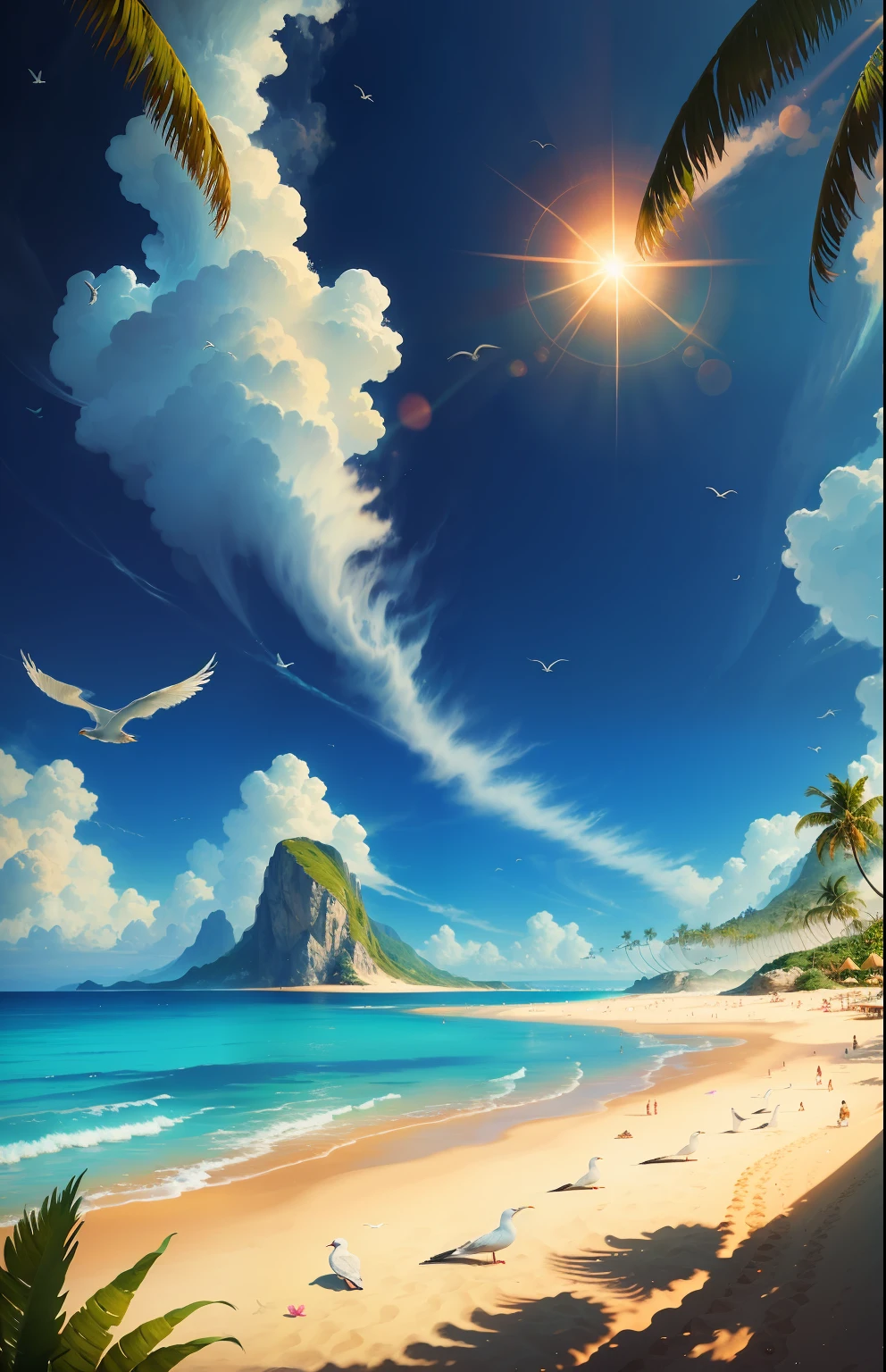 An absolutely mesmerizing beach, Crystal-clear waters of the sea gently kissing the shore, with sandy white beach stretching far and wide. The scene is dynamic and breathtaking, with seagulls soaring high in the sky and gently swaying palm trees. Take in the calming atmosphere and let the peacefulness wash over youconcept art, fantasy,wallpaper, parallel world,surreal art, tropical beach, crystal clear water beach, white sand beach, bright sunlight, very sunny, summer sun, tropical jungle, , alien tropical world, beautiful beach, sunlight, summer, alien tropical plants, tropical alien plants, tropical alien otherworldly flowers, concept art, fantasy, extreme details, magnificent composition, (intricate detail), (intricate design, ultra detail: 1.2), (masterpiece, best quality), ultra hd, 32K --v 6
