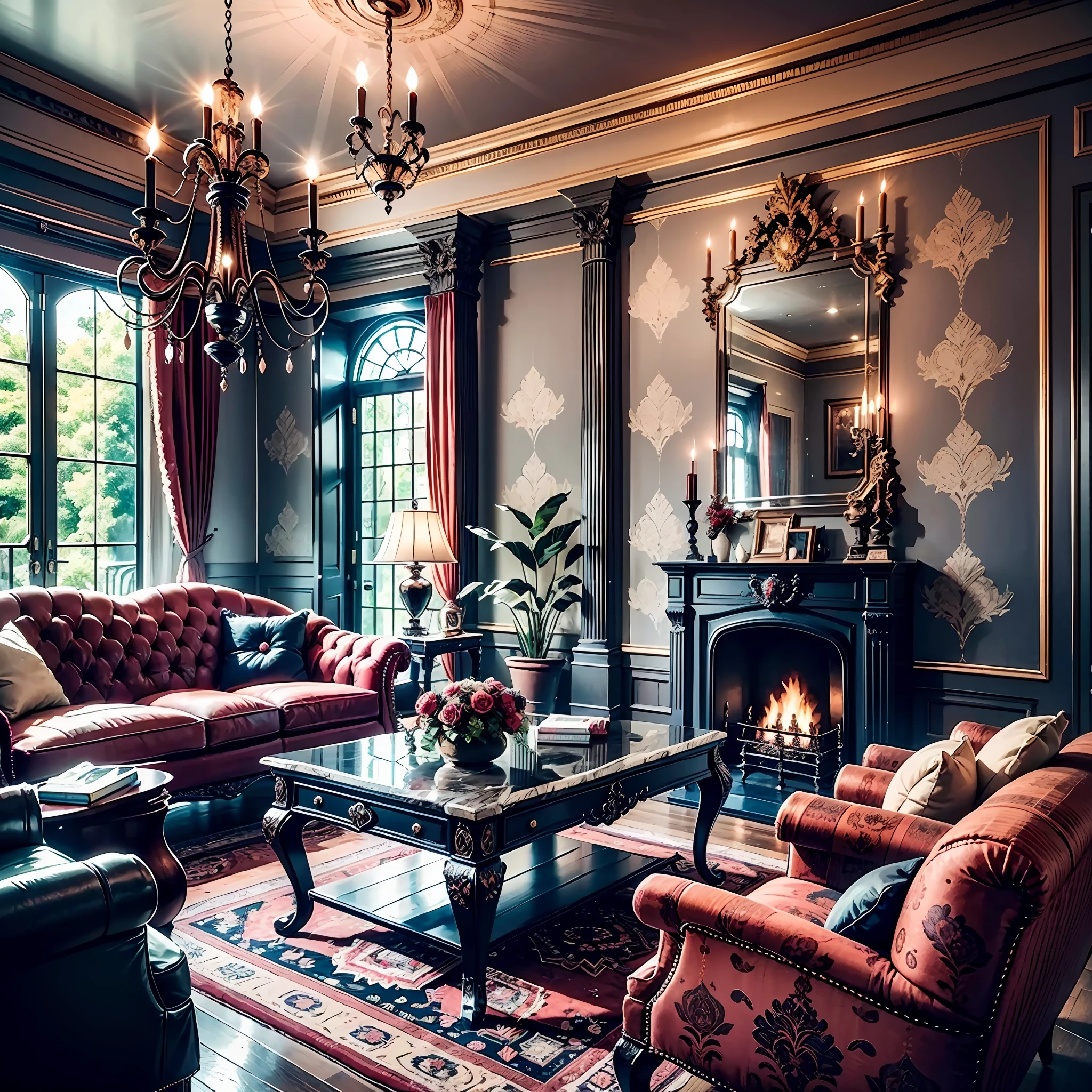 HD Photo Ultra HD High Quality 8K Sketch New Chat
star
2023-07-05 02:46:07
A detailed description of the living room of a Gothic style villa
2023-07-05 02:46:07
The living room of this Gothic-style villa is full of mystery and ancient charm. When you enter the living room, the first thing you see is a huge bronze door with exquisite Gothic patterns, giving it a solemn feel.
The walls of the living room are in a deep dark purple tone, and the walls are covered with heavy dark red velvet wallpaper, giving it an ambiguous and mysterious feeling. In the center is a huge Gothic painting of an ancient castle surrounded by black clouds and thunderbolts.
The furniture in the living room is carefully selected antiques, showcasing the unique beauty of the Gothic style. The marble stove is topped by a wrought black iron mantel cover with elaborate Gothic motifs. Next to it is a set of ancient black leather sofas with strange Gothic patterns carved on the back of the chairs, giving it a solemn and mysterious feeling.
The floor of the living room is covered with a heavy red velvet blanket, which is embroidered with delicate Gothic patterns, giving a noble and luxurious feeling. In the center is a huge black solid wood coffee table with antique bronze and delicate porcelain, which is particularly delicate.
The lighting design of the entire living room is very special, with a black wrought iron Gothic chandelier hanging in the corner, and the light casts strange shadows through the exquisite glass lampshade, giving people a dreamy and mysterious feeling. A row of ancient iron candlesticks hung on the wall with red candles lit on them, adding a touch of romance to the entire living room.
The living room also has some Gothic-style decorations, such as black iron sculptures and strange wall hangings, and a large Gothic table clock with an old red streamer in the corner, which emits melodious and mysterious bells.
The entire Gothic style villa living room is full of dark, solem