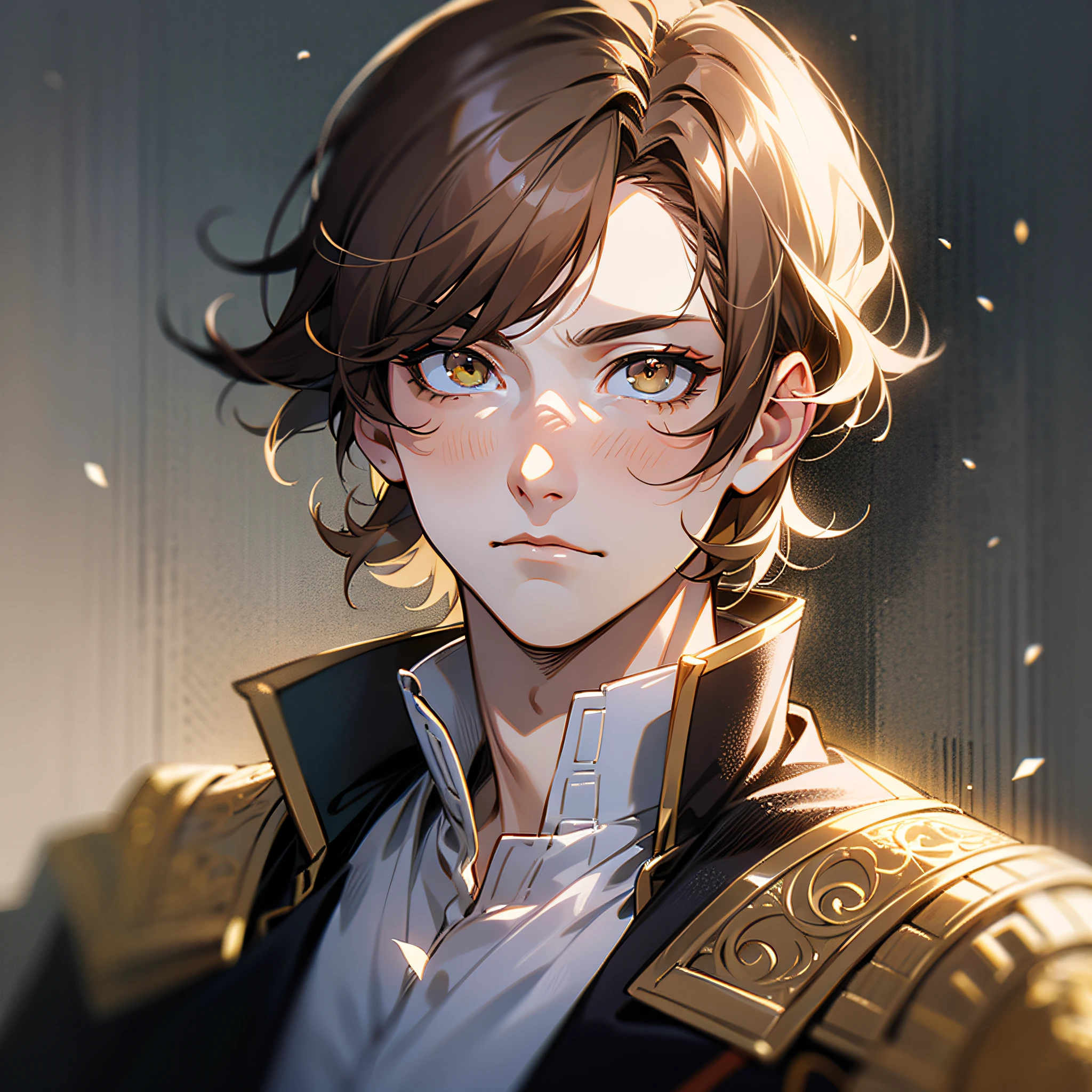 1man, cold expression, neutral, emotionless eyes, prince, intricate background, elegant, straight brown hair, bangs over eye, short hair, strict, light yellow eyes, noble, headshot RAW photo, pale skin, dull colors, royal clothes, looking away, 20yo, adult, sharp focus, detailed face, solo, masculine, blurry foreground, cinematic lighting