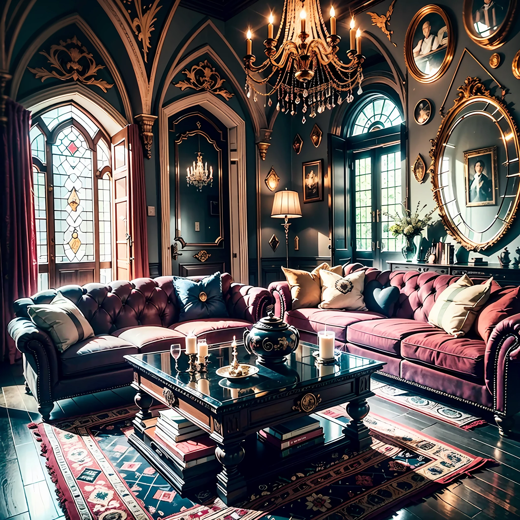 HD Photo Ultra HD High Quality 8K Sketch New Chat
star
2023-07-05 02:46:07
A detailed description of the living room of a Gothic style villa

2023-07-05 02:46:07
The living room of this Gothic-style villa is full of mystery and ancient charm. When you enter the living room, the first thing you see is a huge bronze door with exquisite Gothic patterns, giving it a solemn feel.

The walls of the living room are in a deep dark purple tone, and the walls are covered with heavy dark red velvet wallpaper, giving it an ambiguous and mysterious feeling. In the center is a huge Gothic painting of an ancient castle surrounded by black clouds and thunderbolts.

The furniture in the living room is carefully selected antiques, showcasing the unique beauty of the Gothic style. The marble stove is topped by a wrought black iron mantel cover with elaborate Gothic motifs. Next to it is a set of ancient black leather sofas with strange Gothic patterns carved on the back of the chairs, giving it a solemn and mysterious feeling.

The floor of the living room is covered with a heavy red velvet blanket, which is embroidered with delicate Gothic patterns, giving a noble and luxurious feeling. In the center is a huge black solid wood coffee table with antique bronze and delicate porcelain, which is particularly delicate.

The lighting design of the entire living room is very special, with a black wrought iron Gothic chandelier hanging in the corner, and the light casts strange shadows through the exquisite glass lampshade, giving people a dreamy and mysterious feeling. A row of ancient iron candlesticks hung on the wall with red candles lit on them, adding a touch of romance to the entire living room.

The living room also has some Gothic-style decorations, such as black iron sculptures and strange wall hangings, and a large Gothic table clock with an old red streamer in the corner, which emits melodious and mysterious bells.

The entire Gothic style villa living room is full of dark, solem