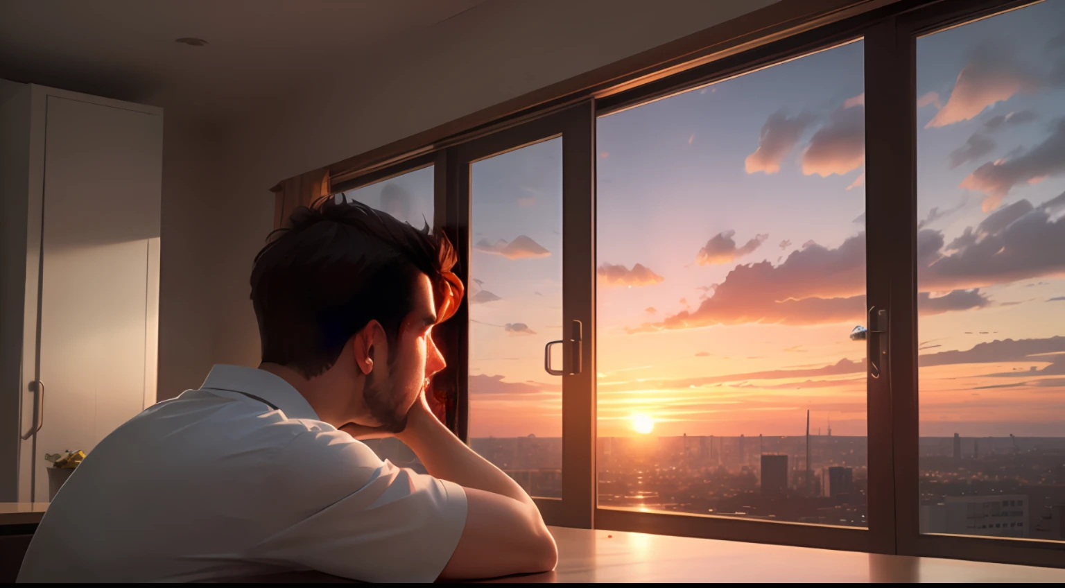 man looking out the window the sunset depth