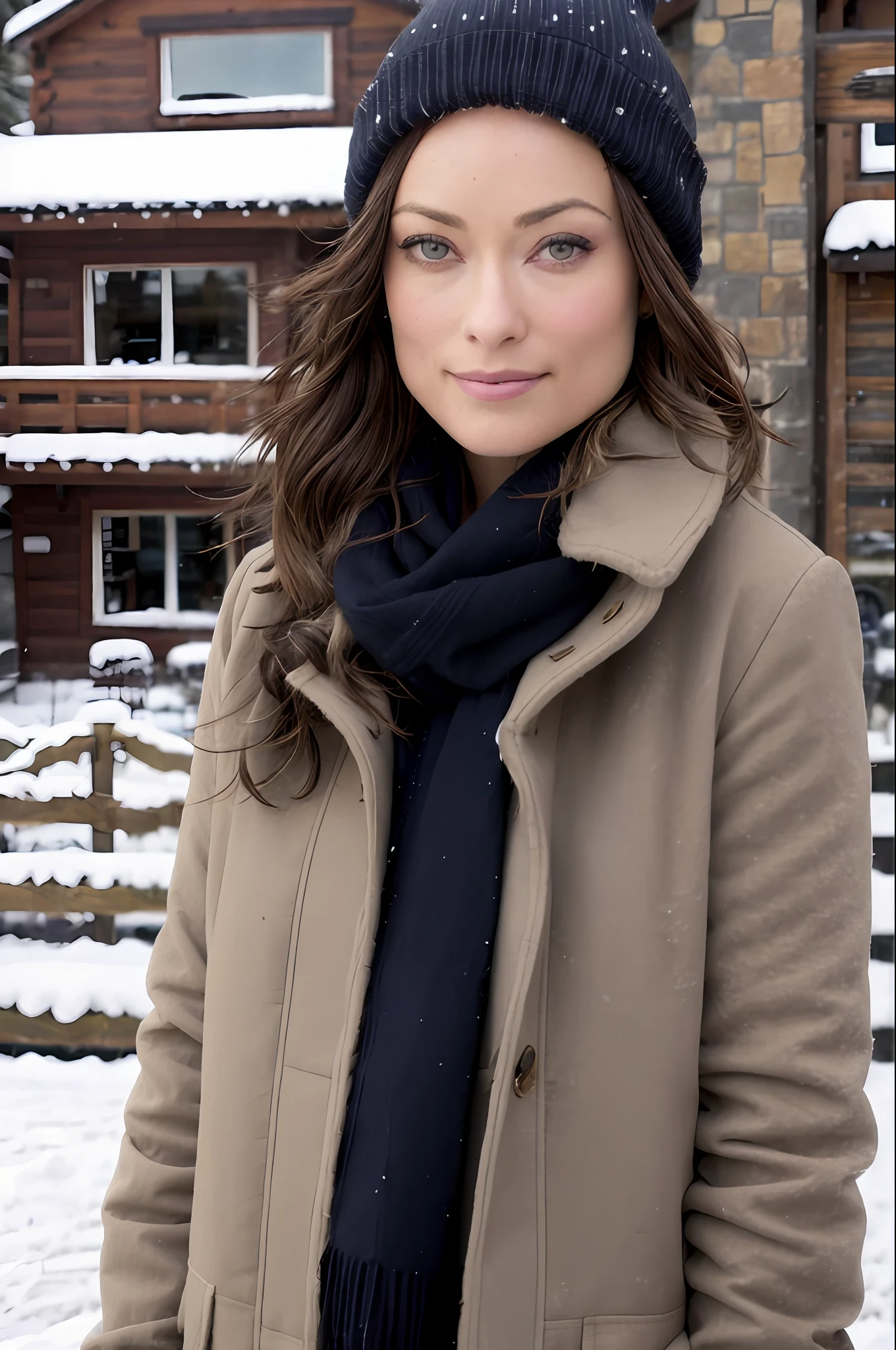 best quality, 4k, 8k, ultra highres, raw photo in hdr, sharp focus, intricate texture, skin imperfections, photograph of olivia wilde with a dark blue wool beanie and winter scarf in the snow wearing a light brown winter jacket, brunette hair, intricate details, snowing