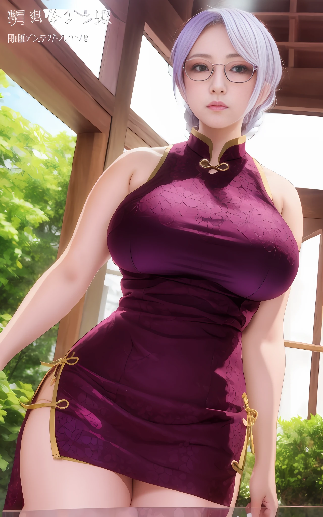 Anime character with purple hair and glasses in a purple dress, loli, thicc, oppai, oppai in a dress ratio, she has a shaky fat round belly, big breasts! , revealing clothes, sie boobs, ??????????? loli, cute anime Huaifuku wearing a beautiful dress, Shikamimi, big breasts!, full body close-up, black stockings