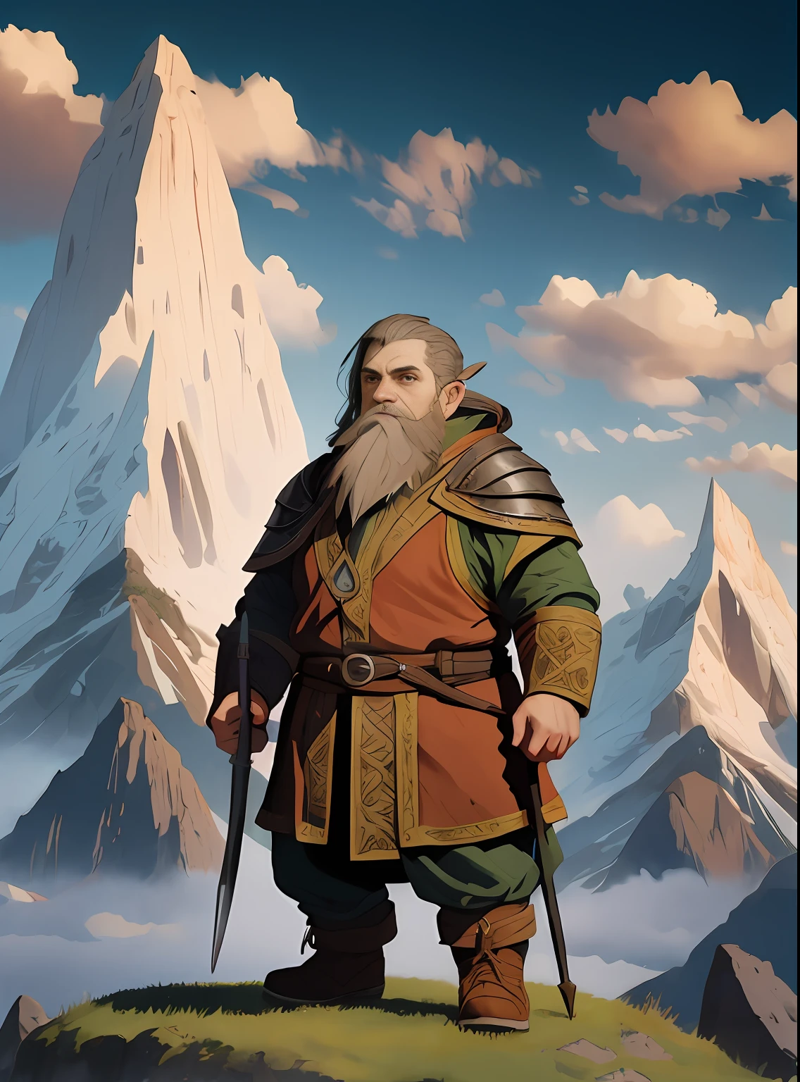 old dwarf rpg character, red clothes, full body strong and fat, light hair, line art watercolor wash, very lit mountain background, abstract beauty, approaching perfection, pure form, golden ratio, minimalistic, unfinished, concept art, by Brian Froud and Carne Griffiths and Wadim Kashin and John William Waterhouse, intricate details, 8k post production, high resolution, hyperdetailed, trending on artstation, sharp focus, studio photo, intricate details, highly detailed, by greg rutkowski