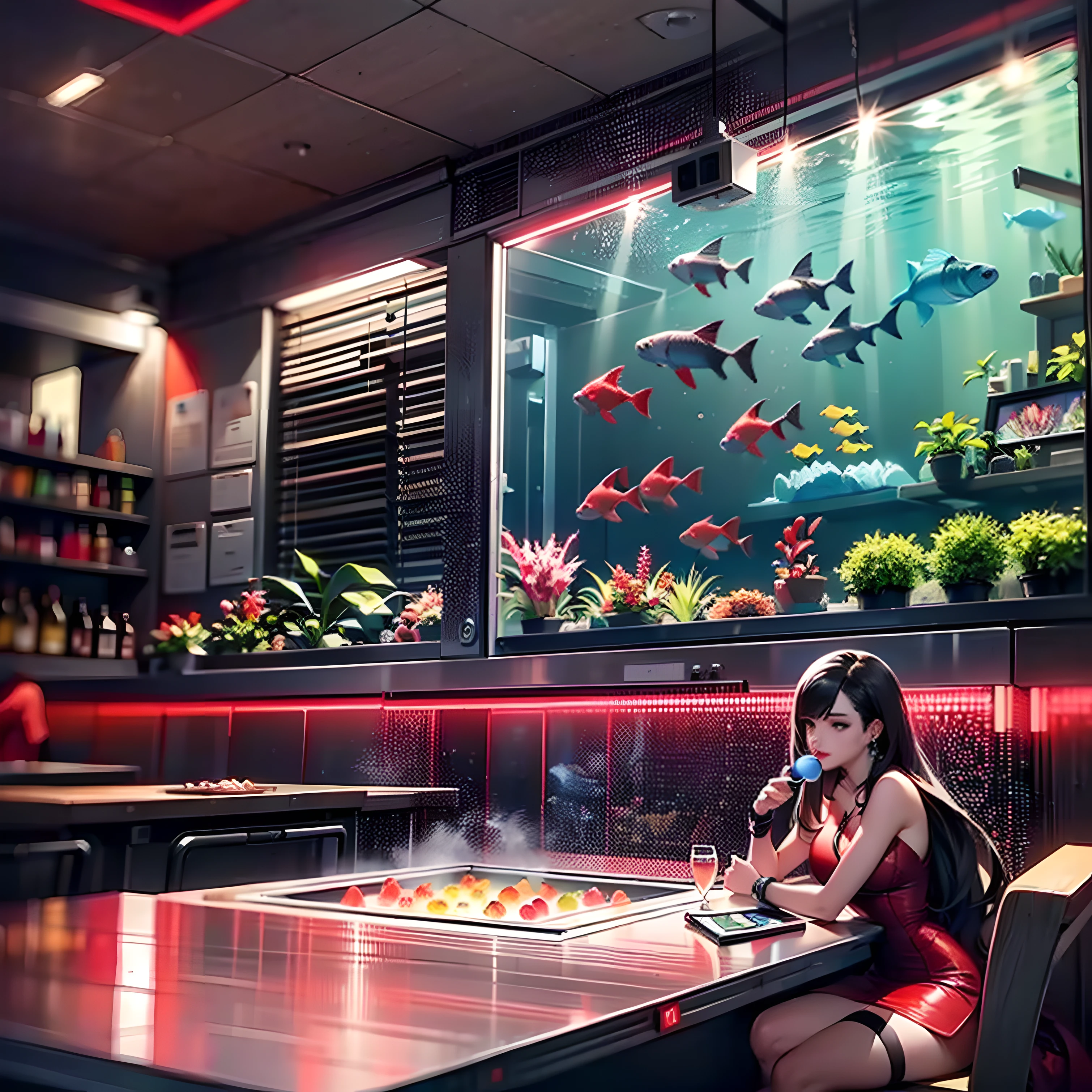 (((Front cover:1.7))), cover story , article , interview, create a readable headline , ((Cyrillic and kanji lettering)). Paragraphs , Large Headline, Title , Vogue , Magazine cover. Nier Automata, Final Fantasy 7 Remake, Final Fantasy XVI , Overwatch, A woman like Tifa or 2B wearing a red dress and red lipstick, red lips, pout ,scowl , ((red dress:1.9)), classy dress, glamourous dress , simple dress , beautiful jewellery, sophisticated design , chic accessories, sitting, ((legs crossed)) , holding a blue drink, blue alcohol , blue soda. The warehouse must be a ((modern industrial bar with grey stained pine)).(grey wood),Bar has a neon sign, RGB lights, speakers , beautiful light fixture, dark atmosphere ,illumination by light , ((industrial grade ventilation shafts)) , metal beams , dark colours nightclub, industrial colour pallet , grey , black , metal , Night club , club, nightclub with massive speakers and lasers. Background: glass to see fish , ((viewing window to see fish)) , Best quality underwater bar scenery , ultra-detailed and realistic, musk grass, pondweed, kelps, fantasy plants , glowing plants, see through fish , tropical fish, otherworldly atmosphere, surreal, add volumetric lighting, create a sense of wonder. HDR, OLED ,Wallpaper , Headline , Front cover , Crimson Red , Candy Apple Red , reflections, High detail , ray tracing, unreal engine 5 volumetric lighting , god rays . pristine concept art, resine figure, deviantart artstation cgscosiety, dominatrix assassin robot, octane trending on cgsociety, stunning cgsociety, pristine.Bar is Raw, Rustic, Textured, Shadowy, Dimly lit , Mysterious. Dark themed bar only using dark colours to contrast foreground in black. Text , paragraphs , logo , Front cover , Head line , Photography , various poses.(Background aquarium :1.3), (((Candy apple Red dress : 2))) ,(((Masterpiece)))),(((Highest image quality))),((((Ultra)),((Front cover: 1.7)),((Night club: 1.8))