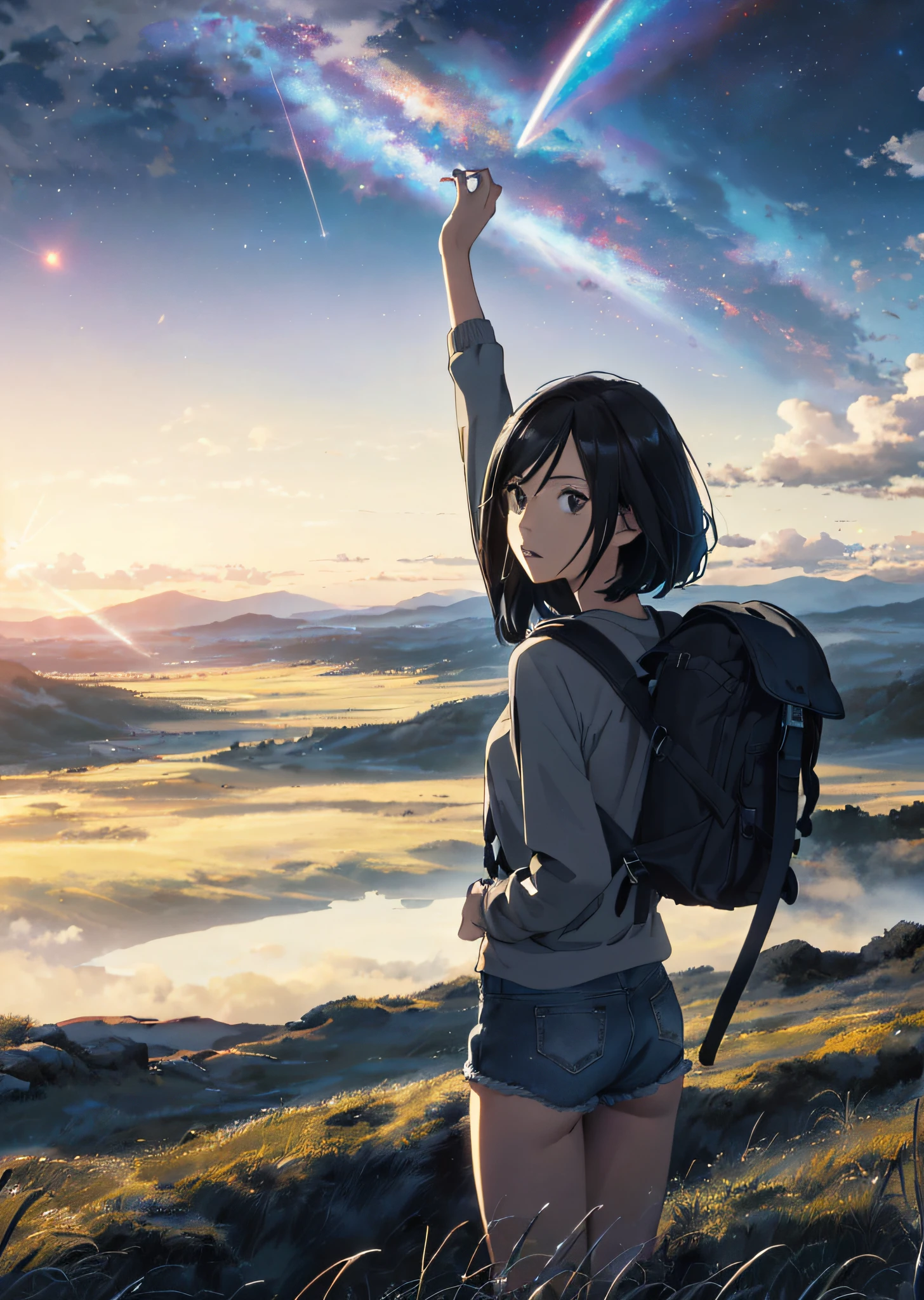 (Dramatic and dramatic picture, vast sky landscape) | (beautiful skyline + large grassland), (high hanging North Star, colorful natural light) | (((Girls), long-sleeved top + denim shorts, back backpack, stunning visuals)),), (Dynamic Pose:1.3, Black Eyes, Black Hime-Cut Hair,Sparkling Girl) [:0.8]