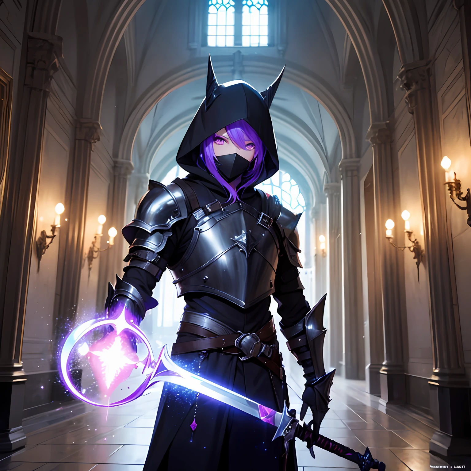 (Male), Face Floor Mask, Black Leather Armor, Short Sword in Hand, Silver Long Hair, Anime Style, Ultra Detail, Straight Weapon, Black Armor, Purple Eyes, Violet Eyes, Hood, Hood on Head, Sparkle in Eyes, Blow Wave, Castle Corridor, Dark Fantasy, Fantasy Art, Detailed Image, 8k Quality, High-Quality Art, Purple Glow Behind Your Back, Purple Light Overhead, Purple Hand Light, fantasy, epic fantasy --auto