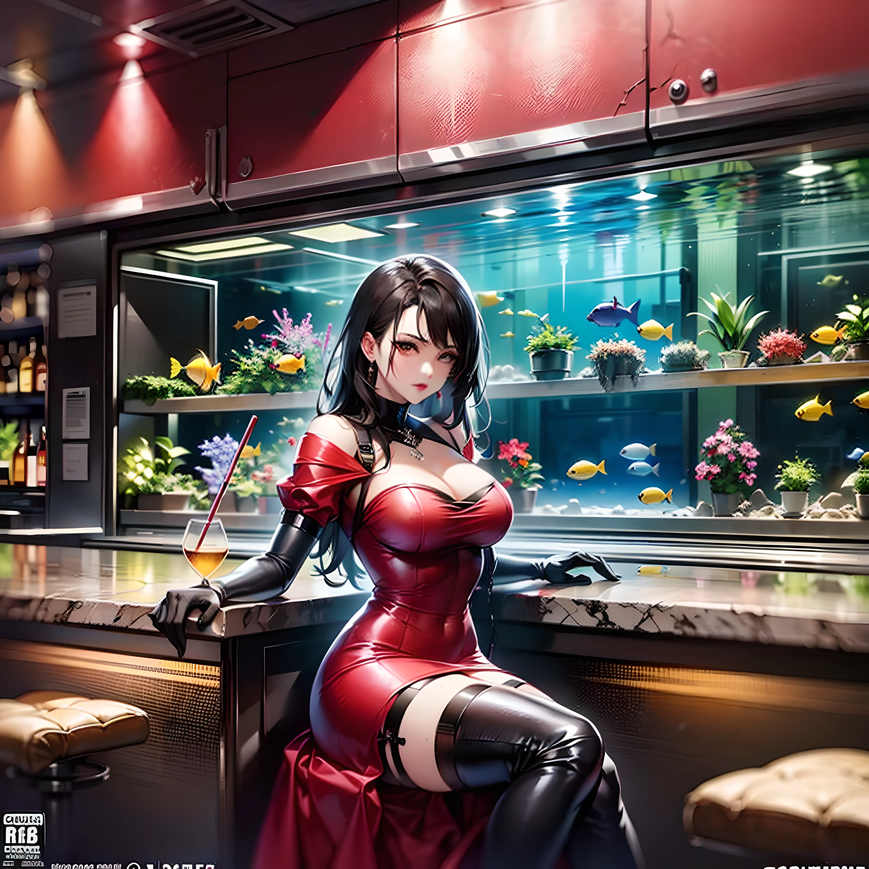 (((Front cover:1.7))), cover story , article , interview, create a readable headline , ((Cyrillic and kanji lettering)). Paragraphs , Large Headline, Title , Vogue , Magazine cover. Nier Automata, Final Fantasy 7 Remake, Final Fantasy XVI , Overwatch, A woman like Tifa or 2B wearing a red dress and red lipstick, red lips, pout ,scowl , ((red dress:1.9)), classy dress, glamourous dress , simple dress , beautiful jewellery, sophisticated design , chic accessories, sitting, ((legs crossed)) , holding a blue drink, blue alcohol , blue soda. The warehouse must be a ((modern industrial bar with grey stained pine)).(grey wood),Bar has a neon sign, RGB lights, speakers , beautiful light fixture, dark atmosphere ,illumination by light , ((industrial grade ventilation shafts)) , metal beams , dark colours nightclub, industrial colour pallet , grey , black , metal , Night club , club, nightclub with massive speakers and lasers. Background: glass to see fish , ((viewing window to see fish)) , Best quality underwater bar scenery , ultra-detailed and realistic, musk grass, pondweed, kelps, fantasy plants , glowing plants, see through fish , tropical fish, otherworldly atmosphere, surreal, add volumetric lighting, create a sense of wonder. HDR, OLED ,Wallpaper , Headline , Front cover , Crimson Red , Candy Apple Red , reflections, High detail , ray tracing, unreal engine 5 volumetric lighting , god rays . pristine concept art, resine figure, deviantart artstation cgscosiety, dominatrix assassin robot, octane trending on cgsociety, stunning cgsociety, pristine.Bar is Raw, Rustic, Textured, Shadowy, Dimly lit , Mysterious. Dark themed bar only using dark colours to contrast foreground in black. Text , paragraphs , logo , Front cover , Head line , Photography , various poses.(Background aquarium :1.3), (((Candy apple Red dress : 2))) ,(((Masterpiece)))),(((Highest image quality))),((((Ultra)),((Front cover: 1.7)),((Night club: 1.8))