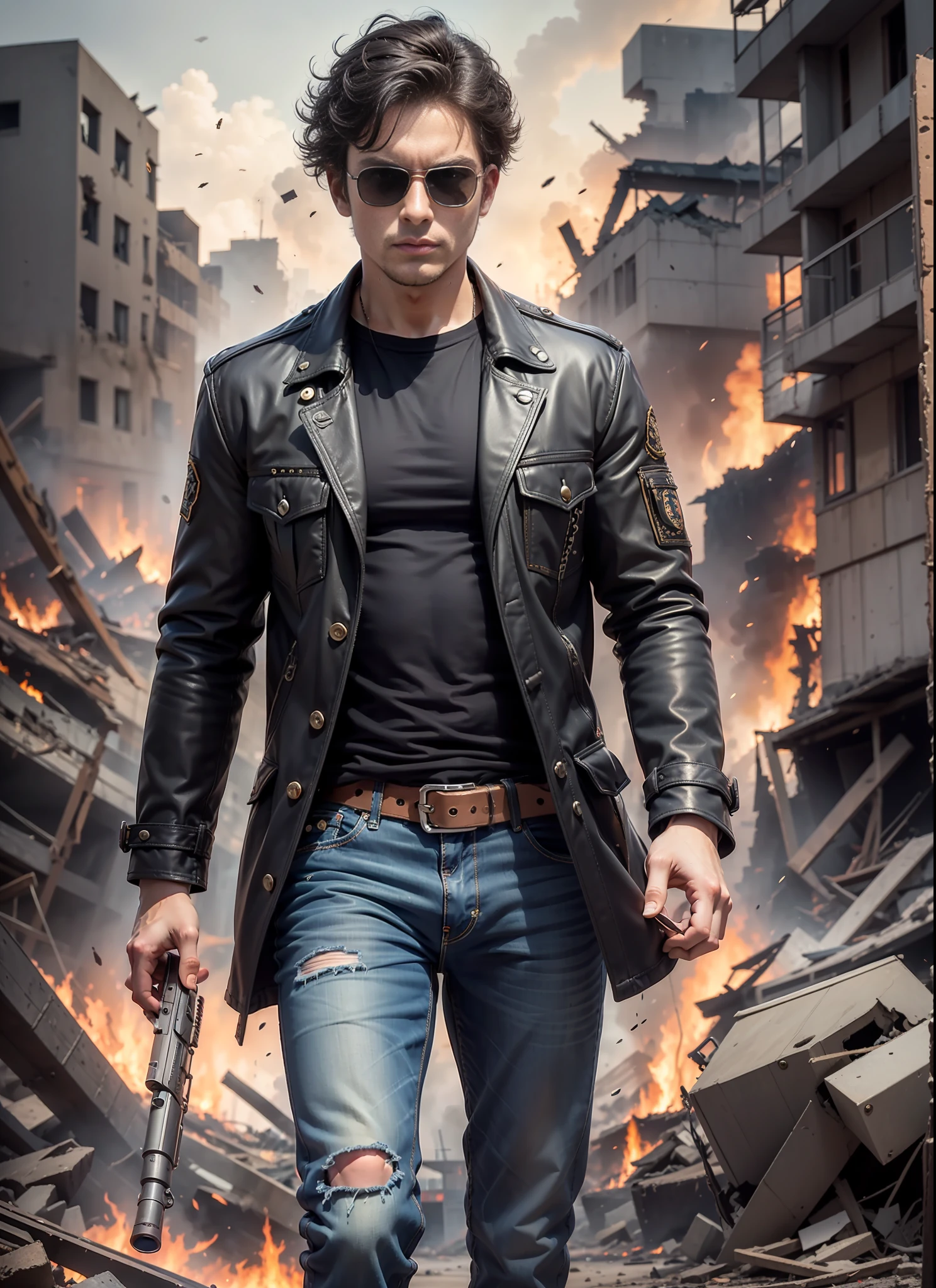 strong tone cruise, sunglasses, jeans, 1 belt, holster, rivets, long coat, long black t-shirt, only one body, shoots big gun, in ruins, explosions behind, fire behind, front view