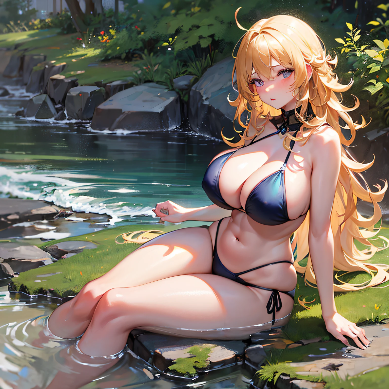Absolutely beautiful fox charmer, perfect slim body, mature, yellow hair, large curly hair, bikini swimsuit, sexy and seductive, beautiful face, full body portrait, standing pose, 4K picture quality, big body, feminine expression, blush shyness, outrageously large bust, deep eyes, seaside bath, plump big, huge breasts