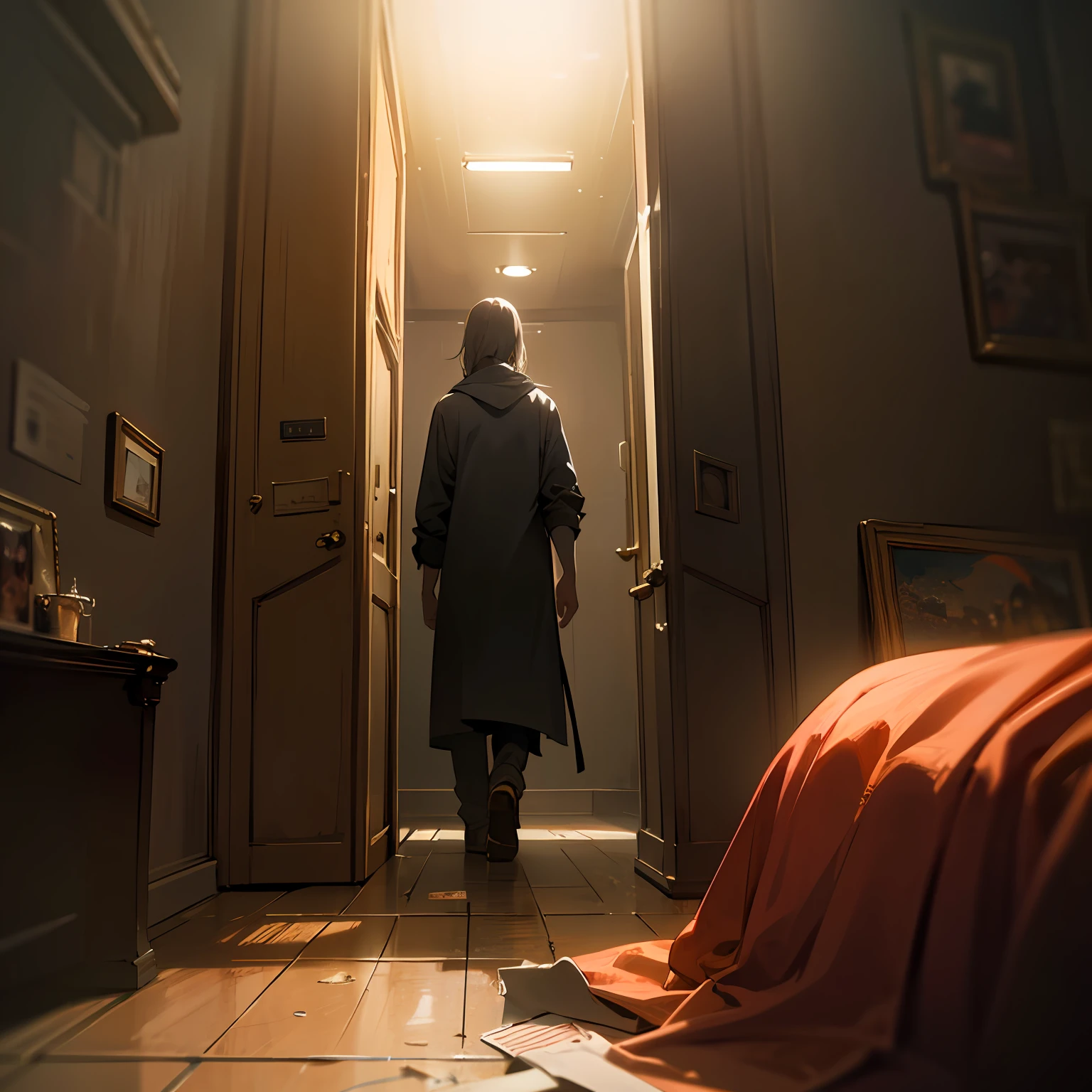 Describe an ultra realistic scene from the game Silent Hill 4: The Room, where the main character is exploring his haunted apartment. Detail 8k, the textures of the objects, the sinister lighting and the elements of horror present, Surrealism, cinematic lighting, uhd, 8k, super detail, high details, best quality, 8k --auto