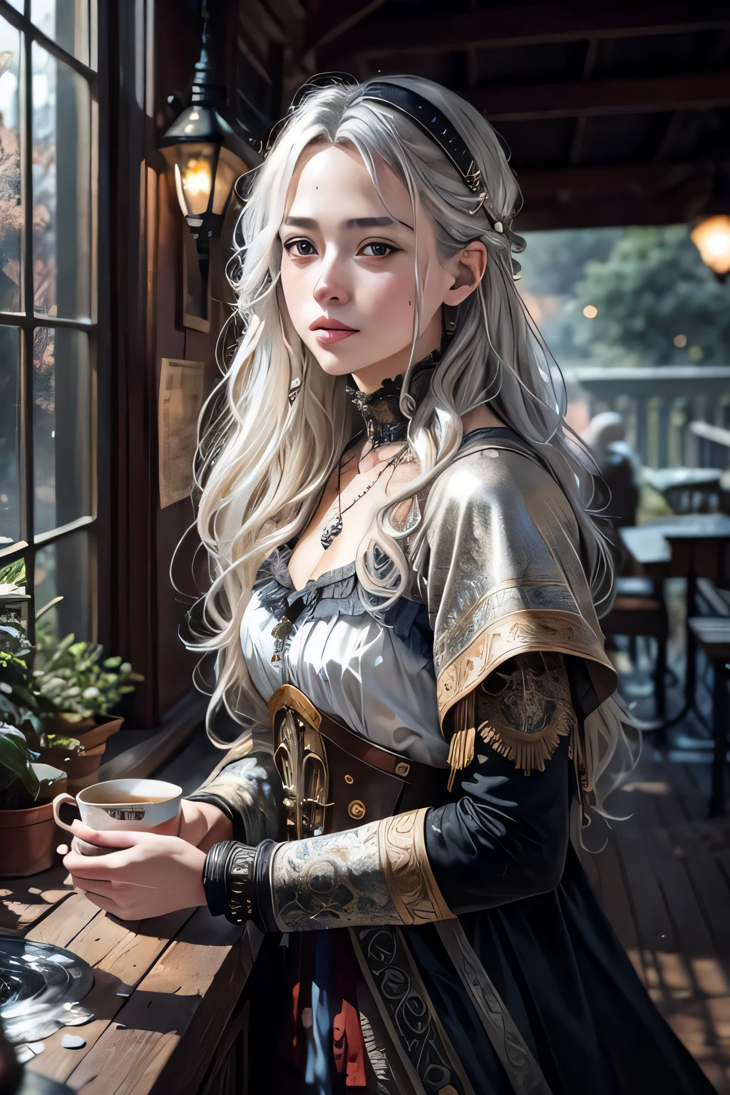 (detailed beautiful lips), 80s fantasy art by Luis Royo, (realistic), High Detail, anatomical, trending on artstation, (extremely detailed CG:1.3), lomography, (Greg Rutkowski), mini\(ttp\), Bokeh, high contrast, beautiful background, magical nocturnal flora and fauna, surreal image, sci-fi movie style, greg rutowski, photo, tree, (soft light), depth of field, silver hair, wonder, almond-shaped eyes, ultra high res, necklace, desaturated, Antonio Moro, nostalgia, Photorealistic, (masterpiece), candid shots of famous figures, best quality, undead, lake, (windows: 2.0), fence, skyscraper, full body (marble: 1.2), extremely detailed CG unity 8k wallpaper, water splash, long blonde hair, camping stove, rich deep colors masterpiece, night, using lens 70-200mm GM f/1.4, art by stanley lau and artgerm, Overlooking from platform, illustration, cup, Gregory, By jeremy mann, victorian era, steampunk,