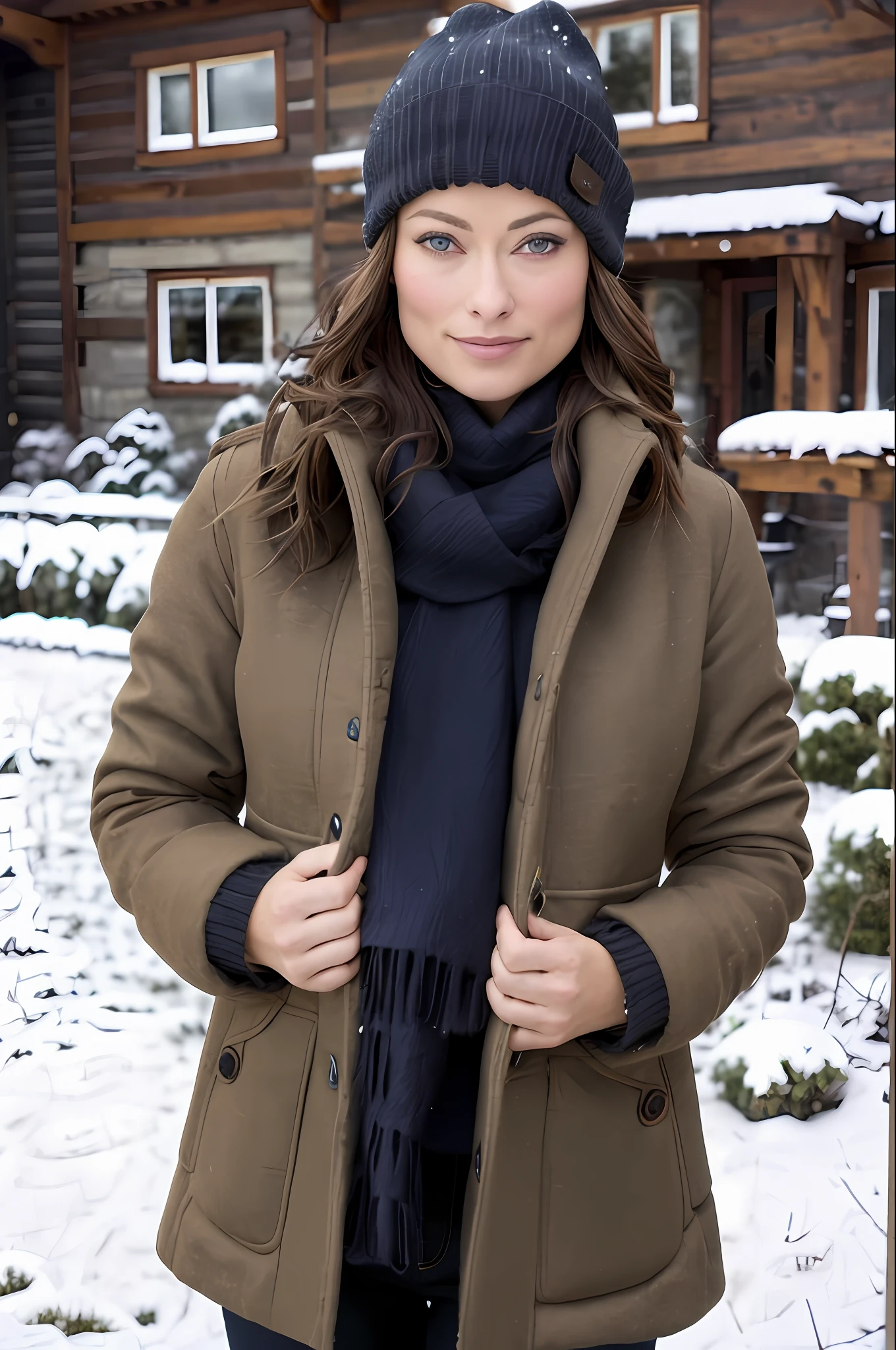 best quality, 4k, 8k, ultra highres, raw photo in hdr, sharp focus, intricate texture, skin imperfections, photograph of olivia wilde with a dark blue wool beanie and winter scarf in the snow wearing a light brown winter jacket, brunette hair, intricate details, snowing