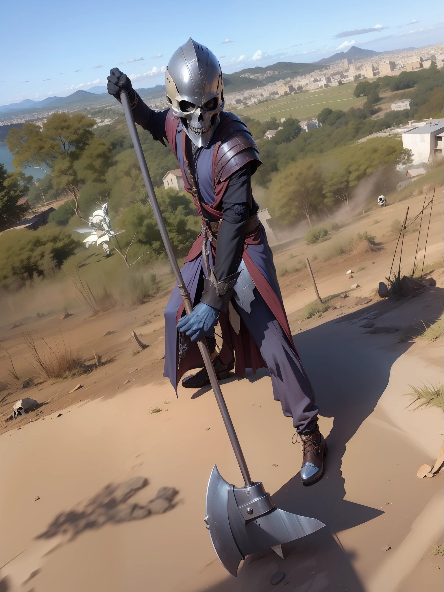 Anime Knight with skull helmo, medieval fantasy, holding a large 4k axe